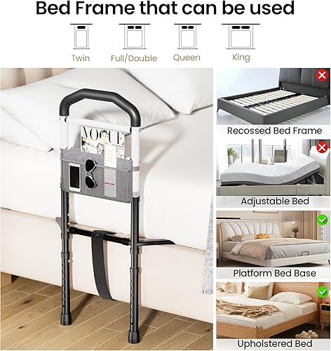Miniatura 5 de Rieles de cama para adultos mayores, riel de asistencia de cama ajustable para personas mayores con bolsa de almacenamiento, superficie de soporte