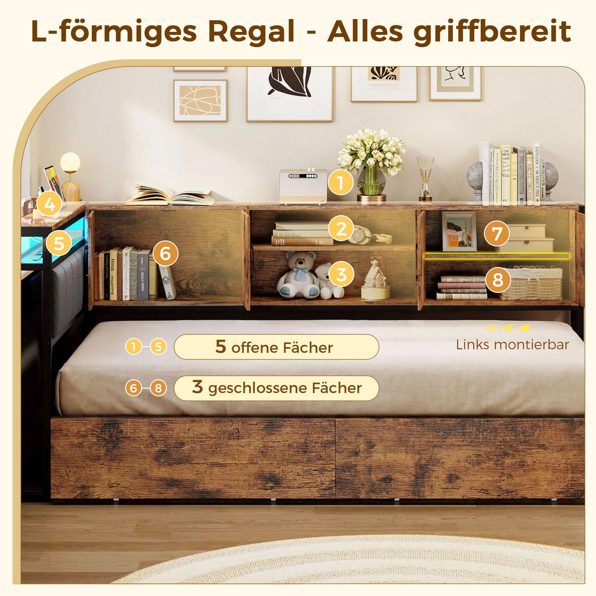 IRONCK Polsterbett Schlafsofa 90x200 mit LED, Bett mit Ladestation | Tagesbett Jugendbett mit Steckdosen, USB & USB-C, Bettgestell Gästebett mit 2 Schubladen und Lattenrost aus Metall