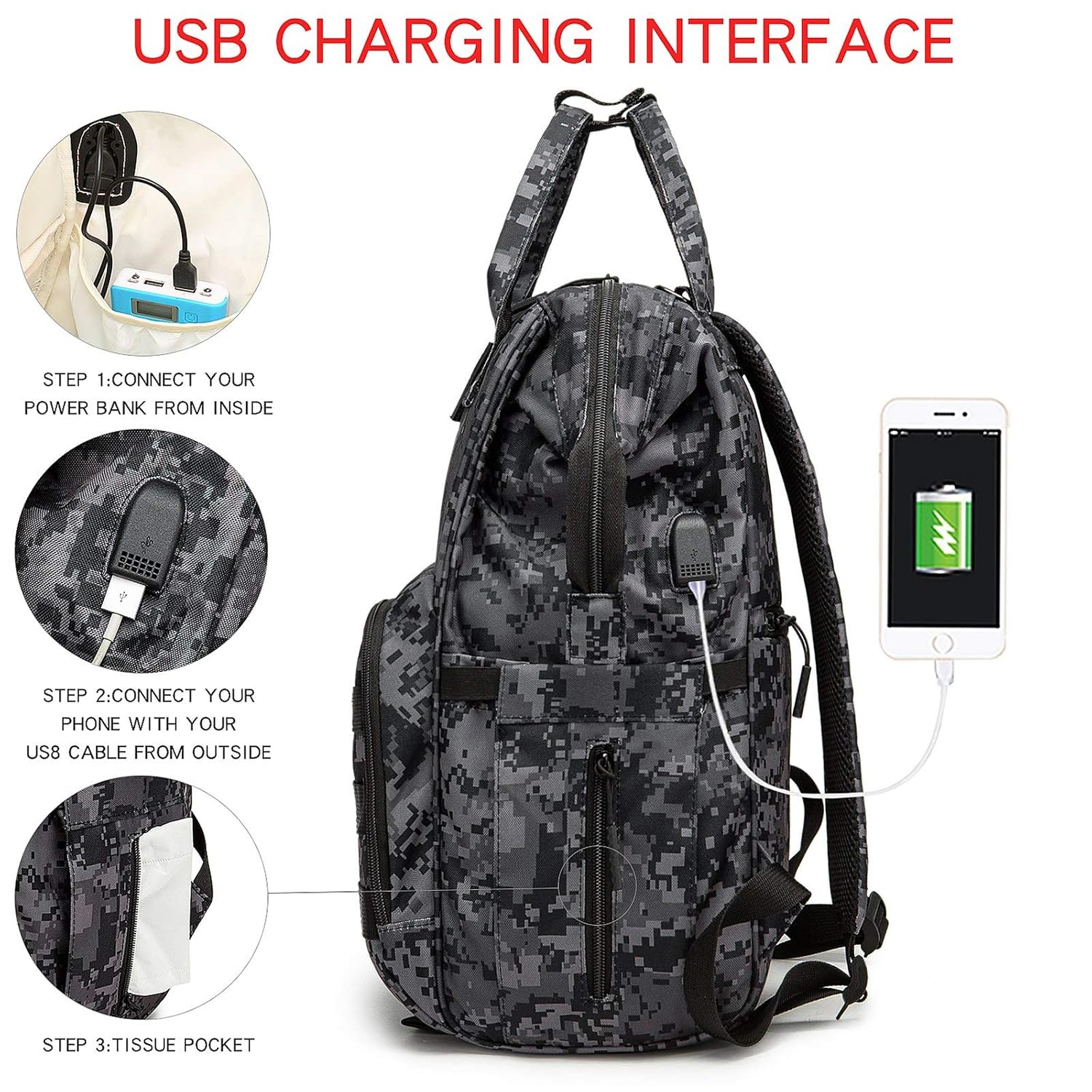 Diaper Bag Backpack with USB Charging Port Stroller Straps and Insulated Pocket,army military Travel Nappy Backpack for Dad/Mom (Black Camo)