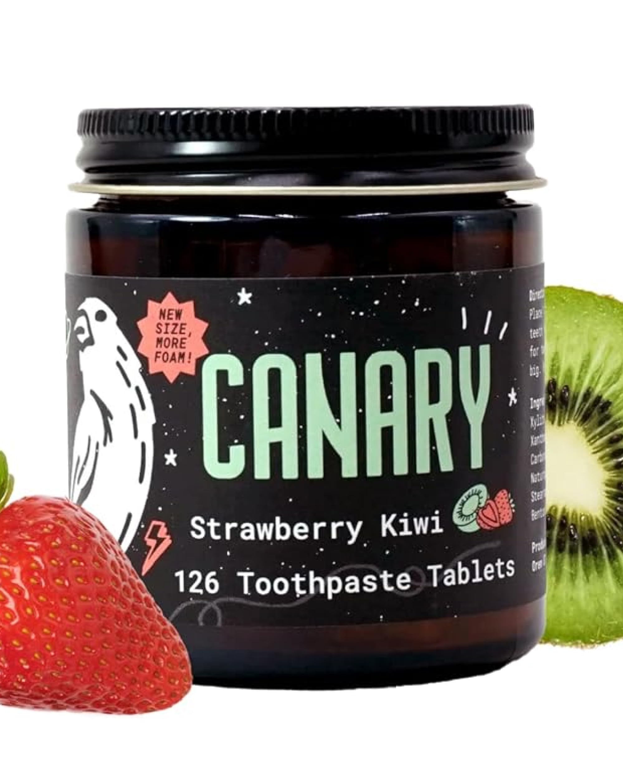 Canary Nano Hydroxiapatite - Pastillas de pasta de dientes de fresa y kiwi, remineralizantes, sin flúor, pestañas naturales con xilitol, ideal para niños, sin plástico, 126 unidades