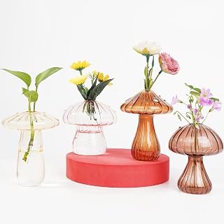 RORA Mushroom Glass Planter 4pces Set Mushroom Glass Vases,Mini Terrarium for Plants Handcrafted, Versatile, Artistic Home Decor