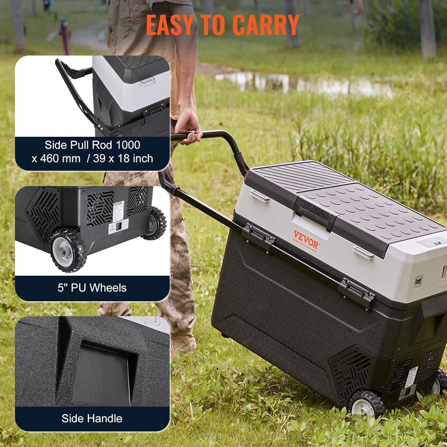 VEVOR Frigo Portatile per Auto, 53 Litri Frigorifero Compressore Congelatore Elettrico CC e CA per Campeggio con Manico Telescopico e Ruote 0,6kW.h da -20°C a 10°C Regolabile per Auto Camion Barca