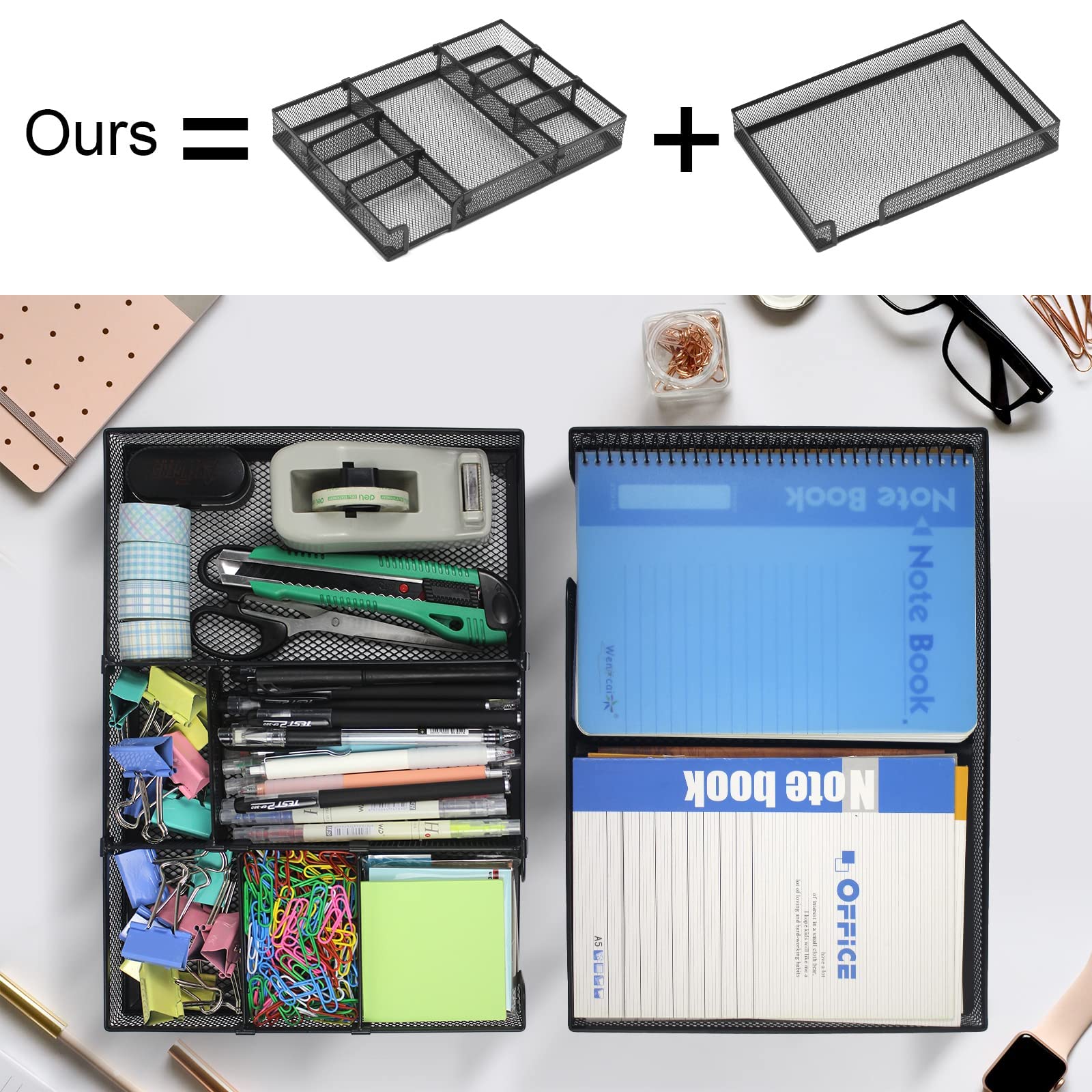 HurLuksi Desk Drawer Organiser Tray, Mesh Desks Organisers Tidy, Office Desk Accessories with 6 Adjustable Compartments - Image 4
