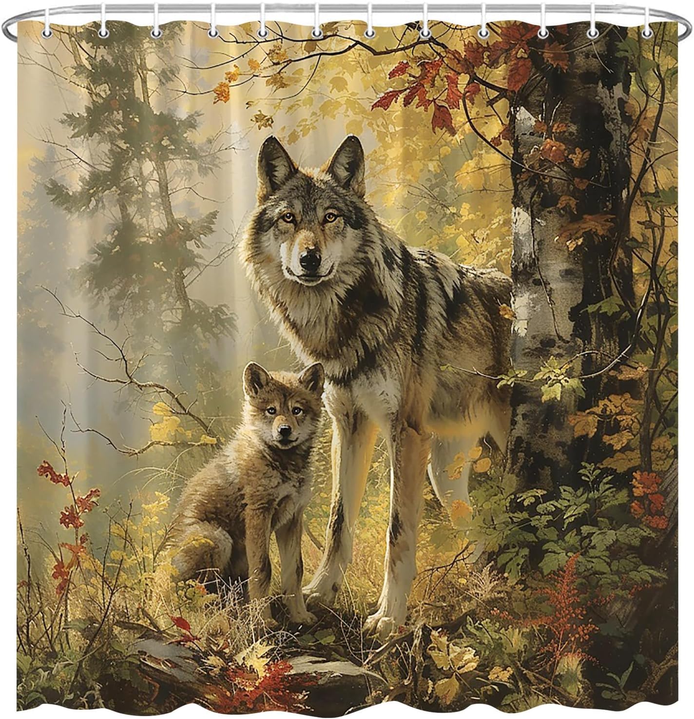 Forest Wolf Shower Curtain Wildlife Wolves Foggy Mountain Maple Tree Jungle Animal Natural Scene Polyester Fabric Bathroom Decor 70×78 Inch with Hook