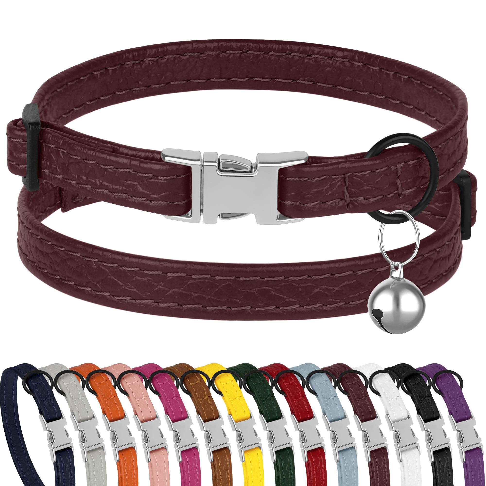 Collar de cuero para gato con hebilla y campana extraíble, no se rompe, ajustable, suave, de seguridad, para mascotas, para niñas, niños, gatos, gatitos (borgoña)