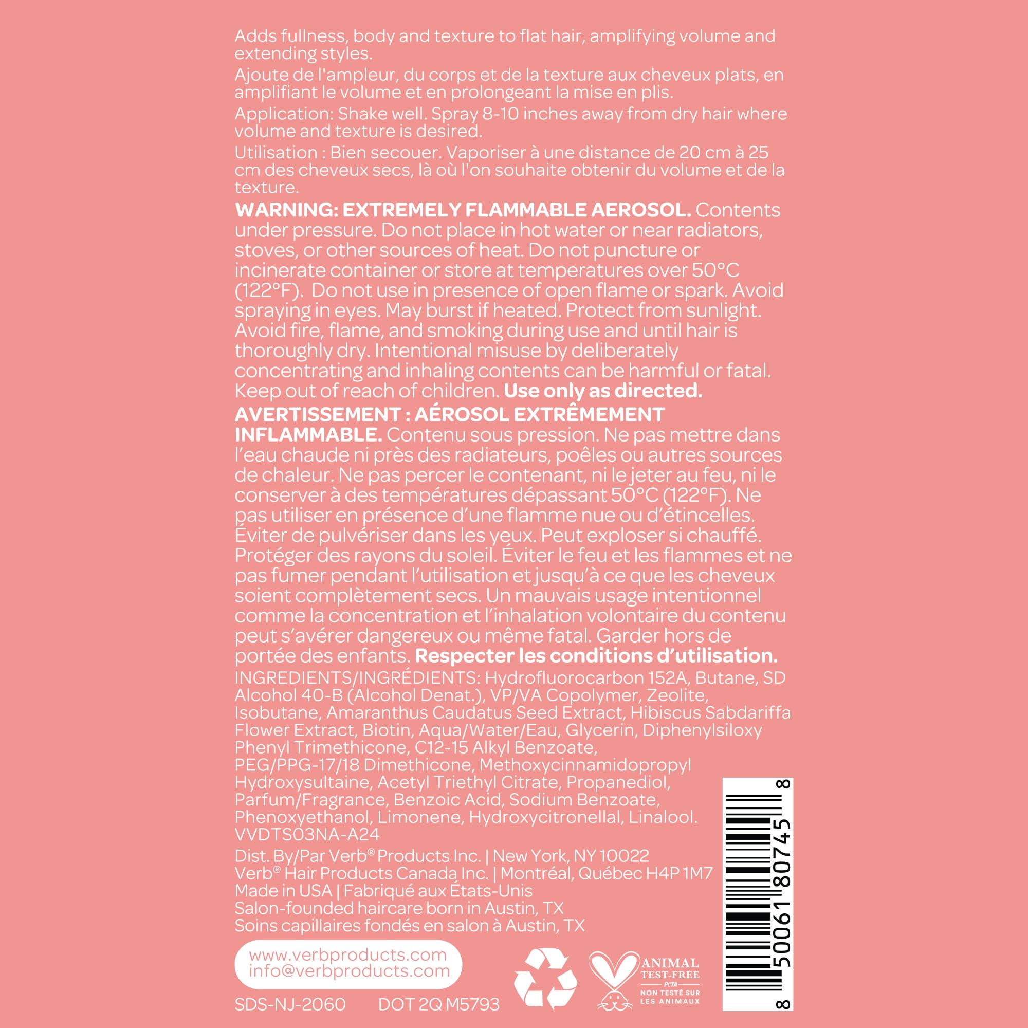 VERB Volume Dry Texture Spray- Boosts Volume, Adds Fullness & Weightless Grit - Sulfate, Paraben and Gluten Free