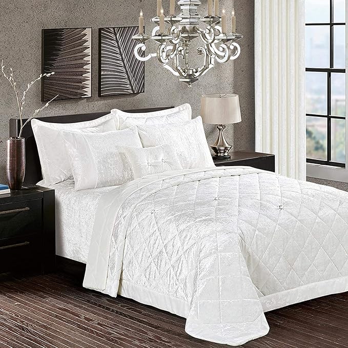 Prime Linens Crushed Velvet Quilted Bedspread Comforter Set 3 Piece