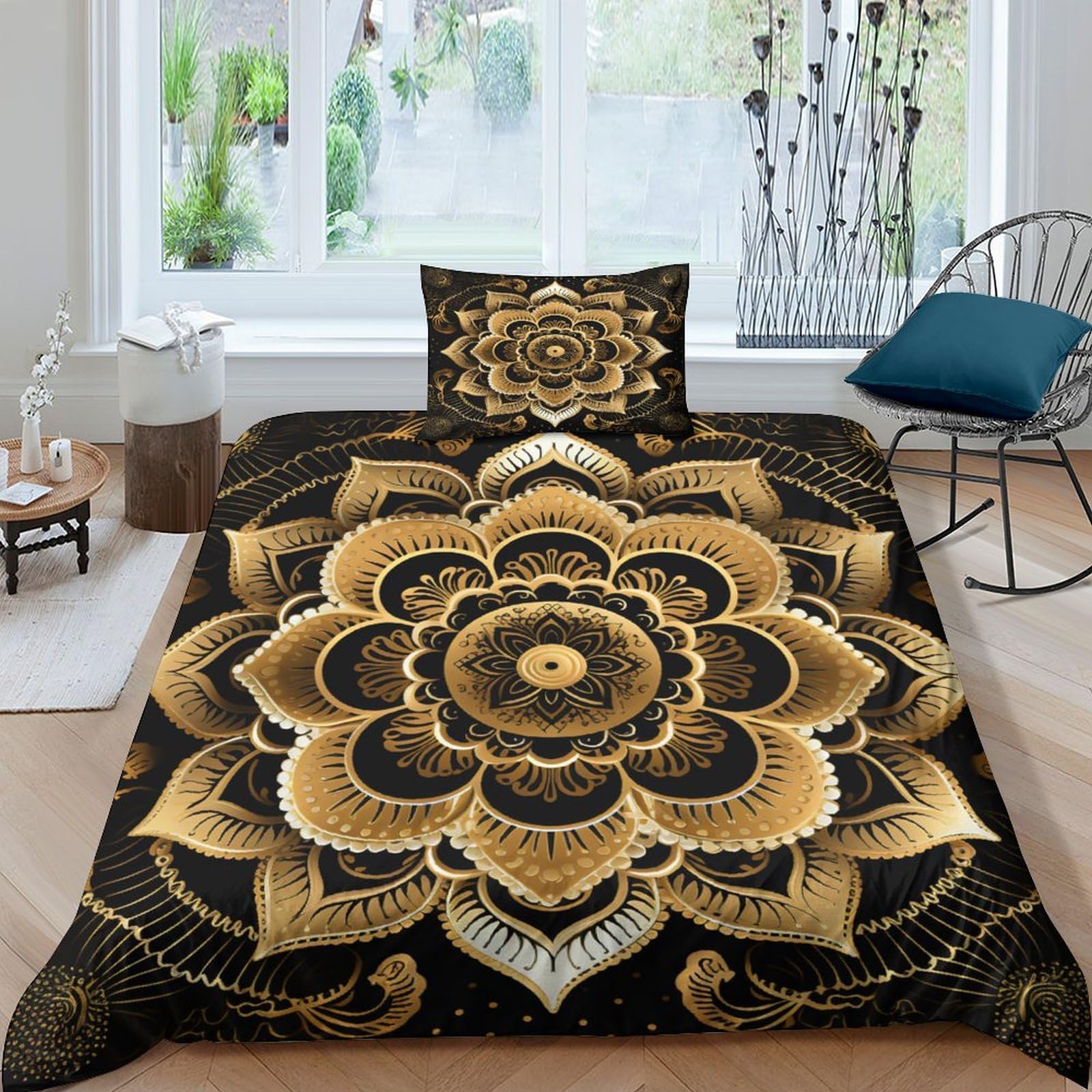 Bohemian Mandala Duvet Cover Set Bedding Set 3D Microfiber Polyester Comforter Cover with Pillow Shams, 2 Piece Set, Zipper Quilt Cover Single（135x200cm）