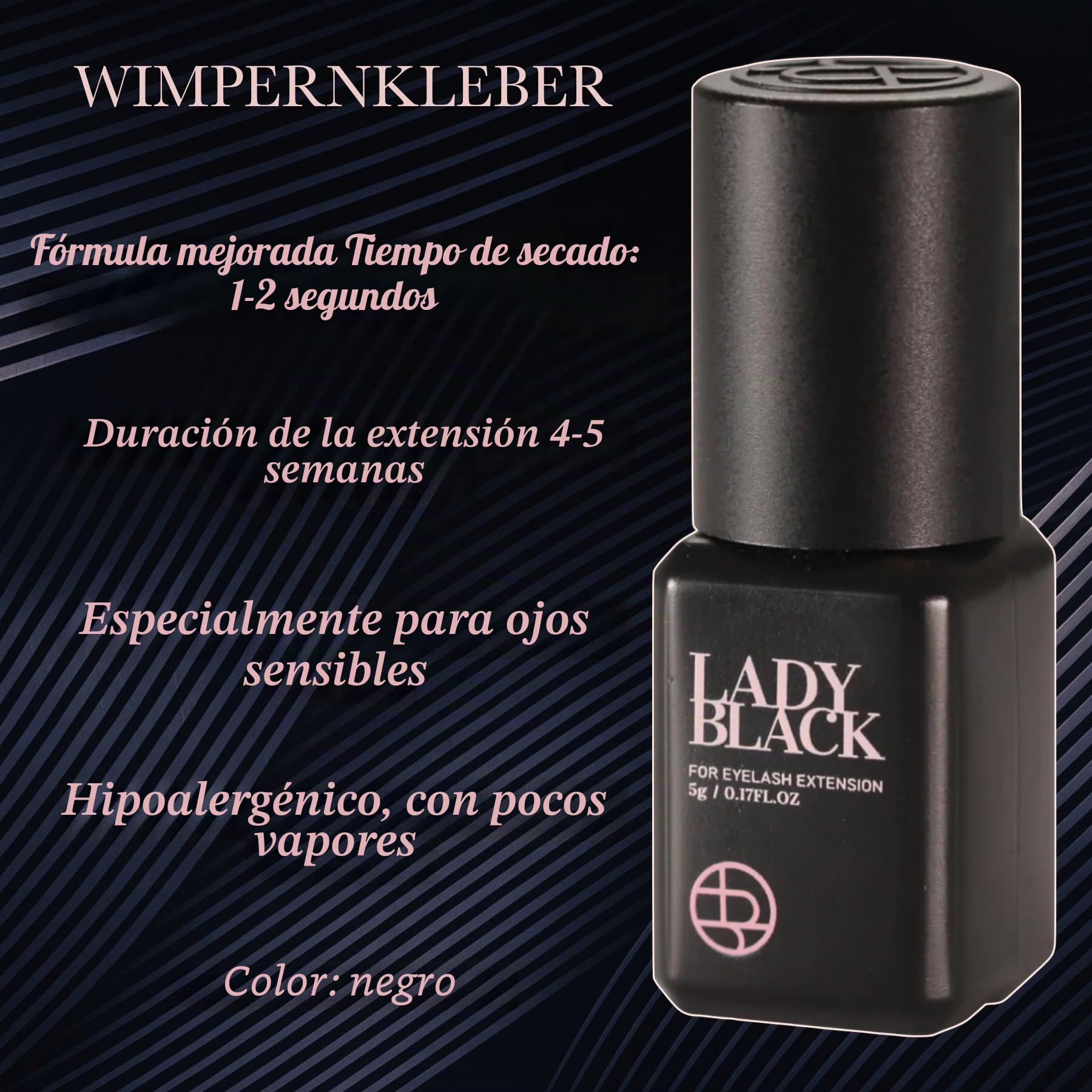 P-Beauty - Pegamento para extensiones de pestañas Sky Lady Black 5 ml, fijación ultra fuerte, 2 seg secado, hipoalergénico, duración 6-7 semanas, pegamento permanente