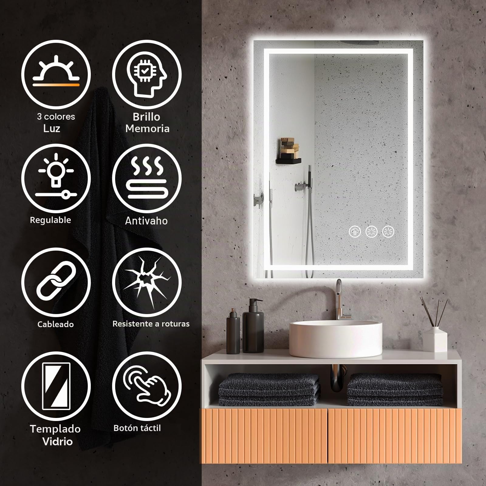 Espejo Baño con Luz 50x70cm LED Antivaho Regulable 3 Colores Luz Función Memoria