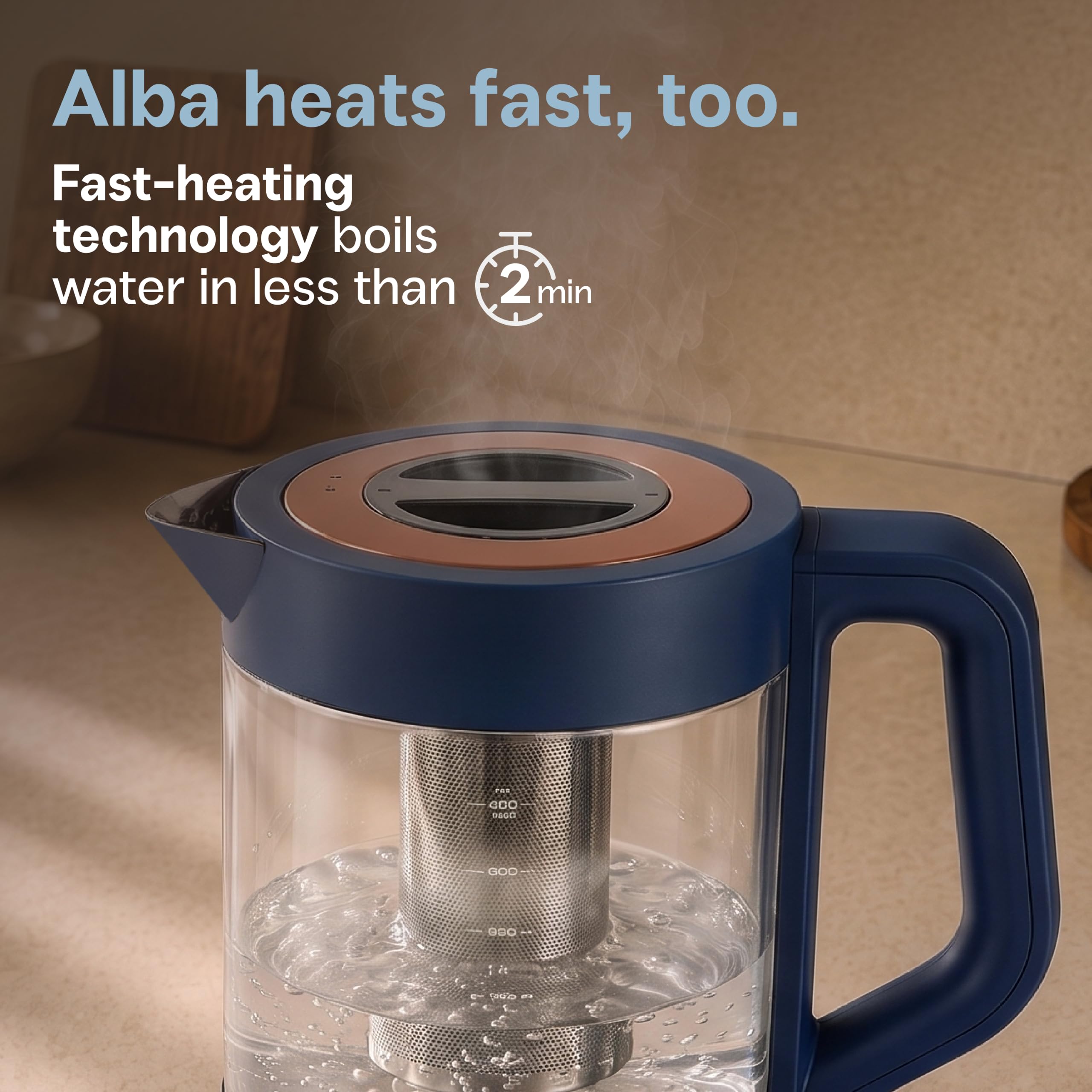 Vianté Hervidor eléctrico con infusor. Sin plástico en contacto con el agua. Tetera caliente con control de temperatura y apagado automático. Capacidad de 1,5 litros | Color azul medianoche