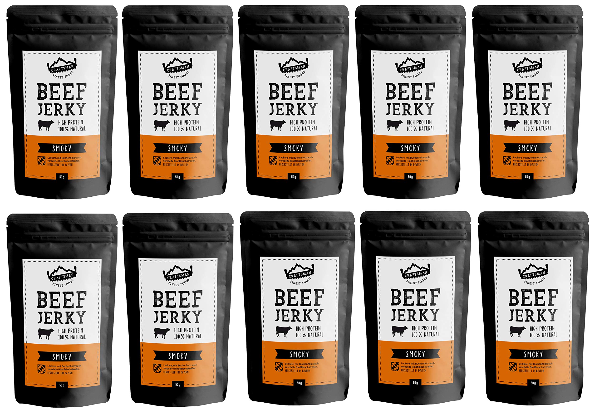 Craftsman Beef Jerky Smoky 500g | Ohne Zucker | Aus Deutschland - Bayern | Jerky Beef Set 10 x 50g | 100% Rindfleisch | High Protein 68% | Dörrfleisch/Trockenfleisch Smoky | 100% Natürlich