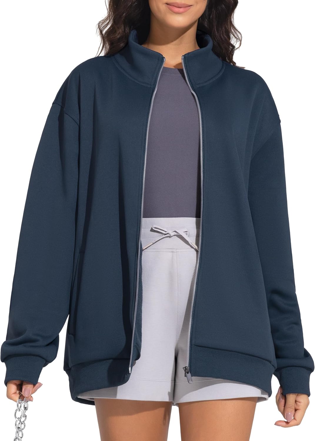 THE GYM PEOPLE Women's Oversized Full Zip Up Sweatshirts Fleece Long Sleeves Stand Collar Workout Jacket with Pockets