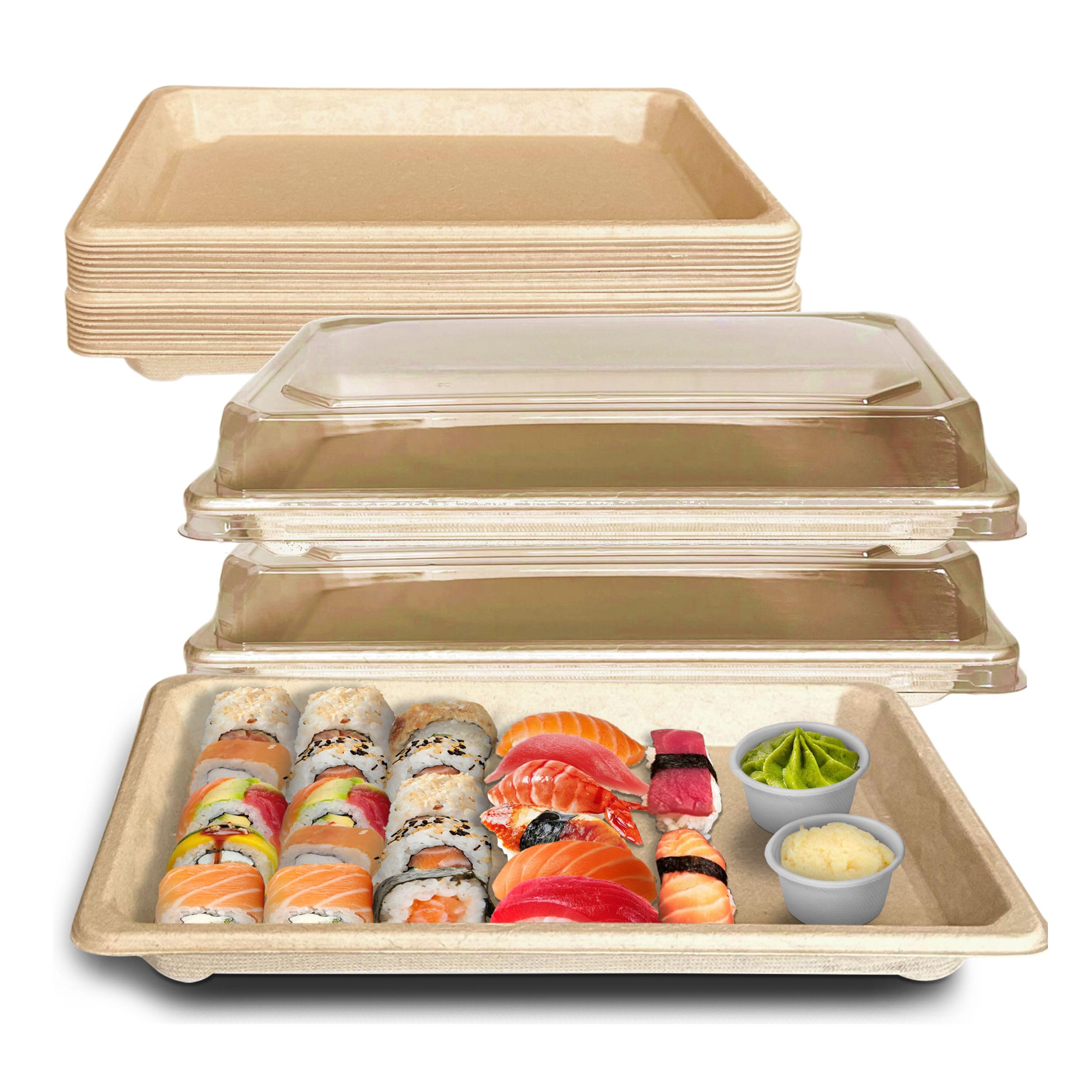 EcoQuality X-Large Compostable Sushi Trays with Lids - Natural Sugarcane Bagasse Take Out Sushi Container - Biodegradable, Disposable Sushi Plate with Lid, Eco Friendly, To go, Serving Tray (25)