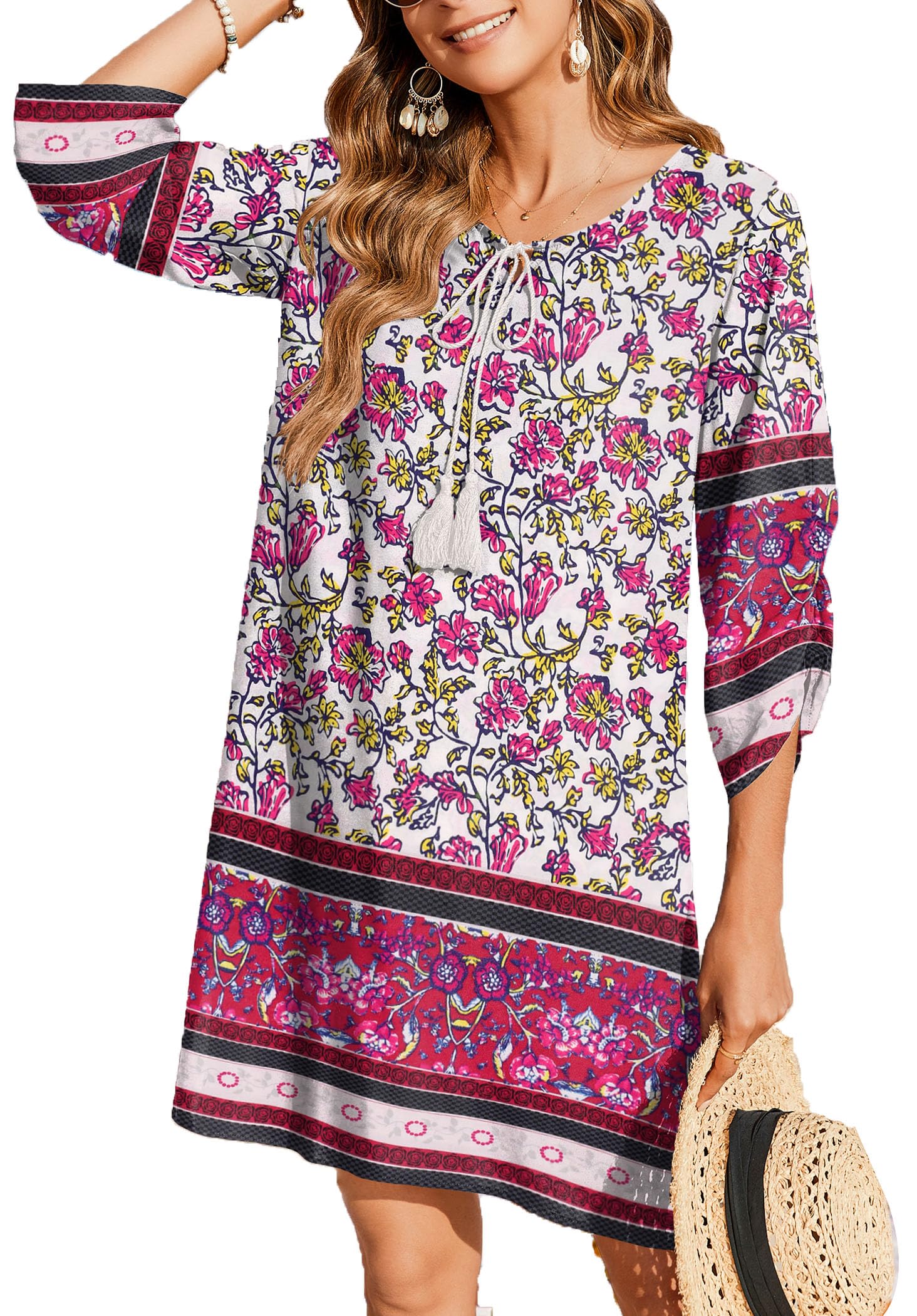 Zeagoo Womens Boho Dresses Casual Beach Summer Dress Tassel Tie Neck 3 4 Long Sleeve Mini Sundress 2026
