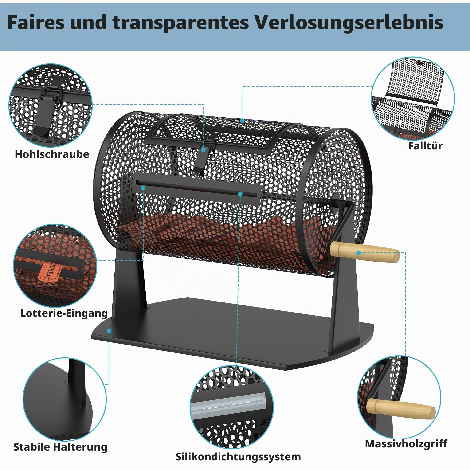 Orionstar Tombola-Trommel Metall-Lotterie-Spinner für Tickets, mittlere Größe mit Holzgriff, fasst 2500 Lose, Schwarz