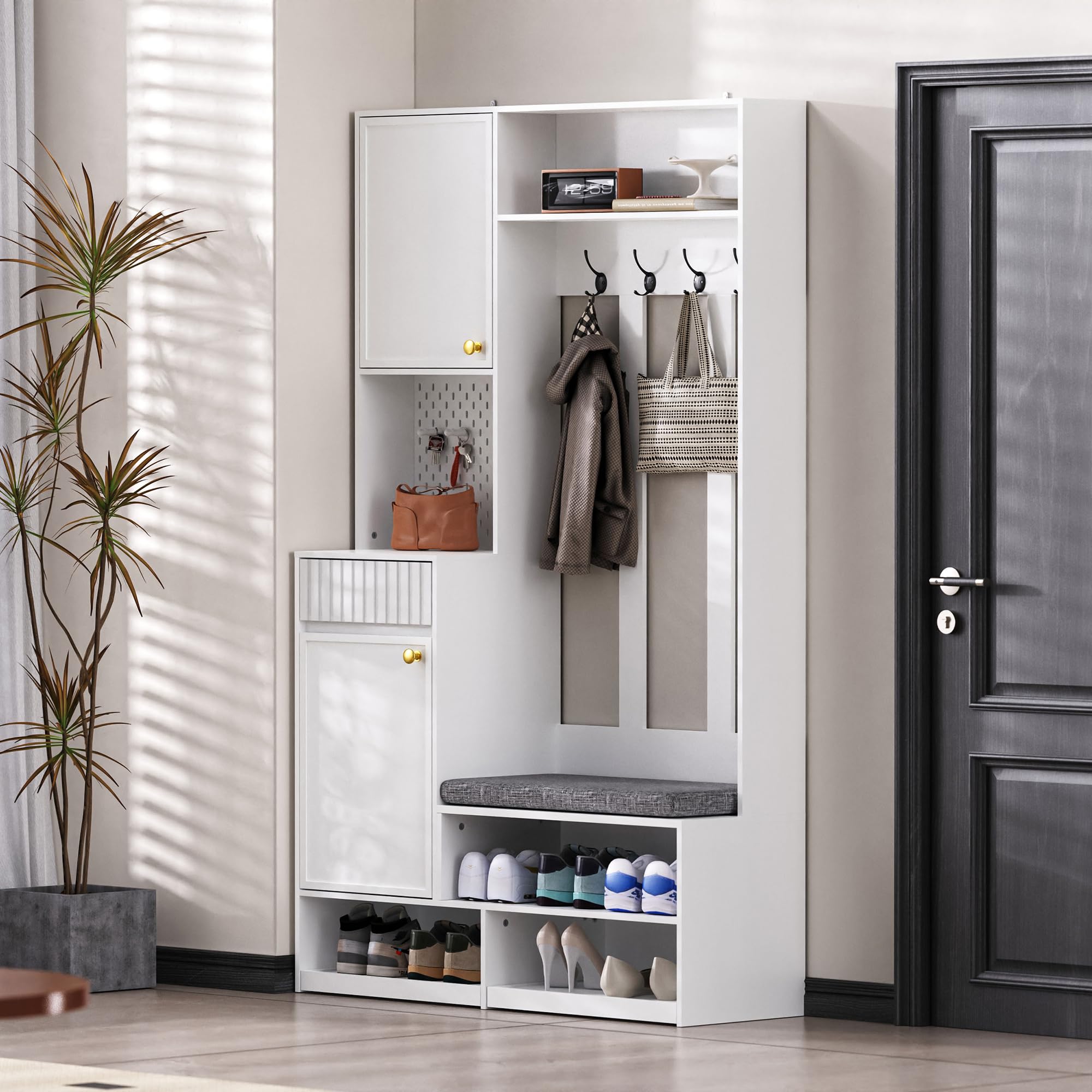 Garderobenset, Komplett-Set Flurgarderobe mit Sitzbank, 4 Haken, Türen & Schubladen - Weiß, Kompaktmaße