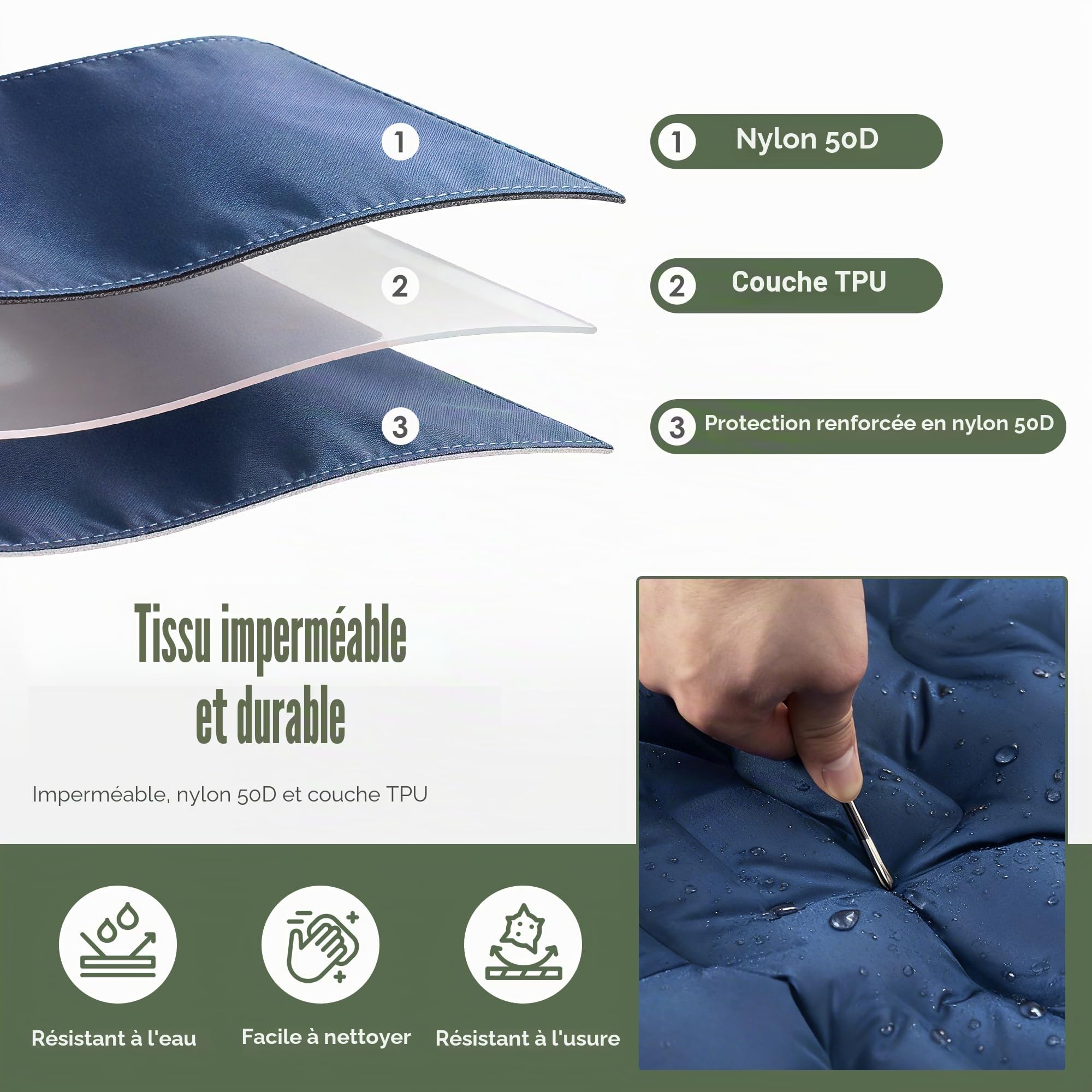 ROPODA Matelas de camping , ultra léger avec oreiller, pompe à pied intégrée, lit double imperméable avec sac de transport pour randonnée, voyage, bleu