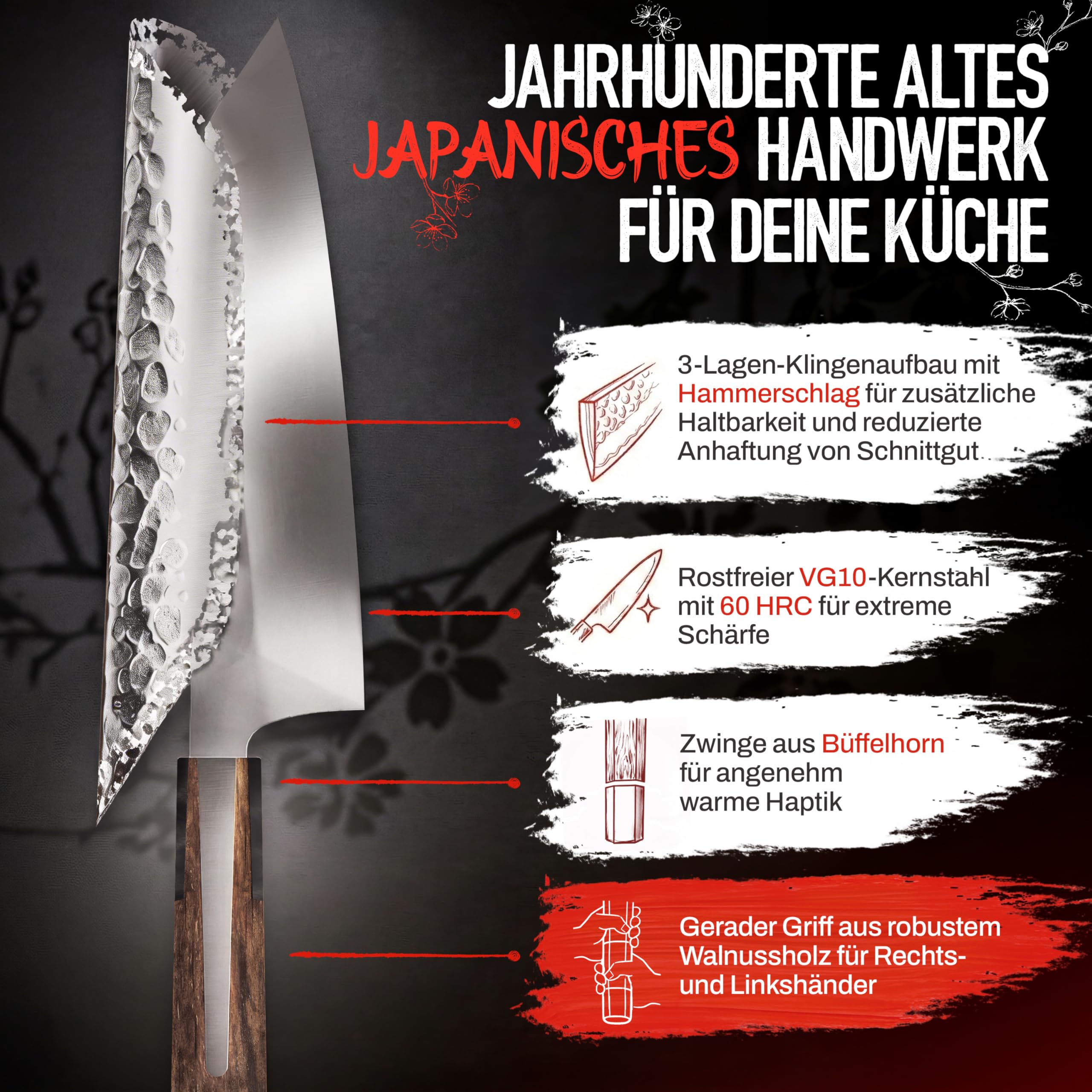 Santoku - Handgefertigtes Original-Japanisches Messer | Universalmesser, 18 cm Klinge, Schneidfreudig dünn, hohe Standzeit, nur 132 g, VG10-Edelstahl, Griff Walnussholz/Büffelhorn