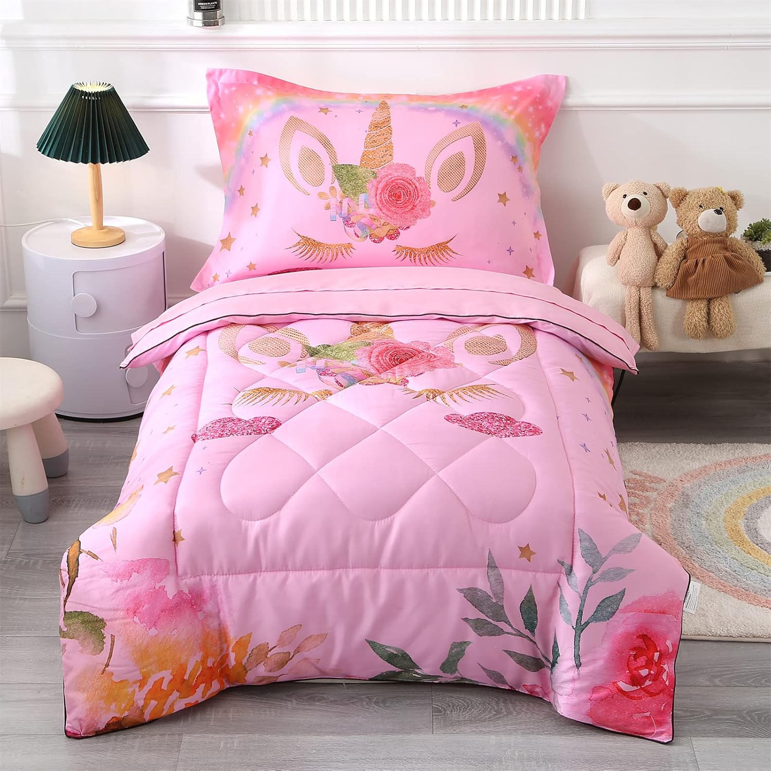 Wowelife 4 Piece Toddler Bedding Set for Girls Unicorn