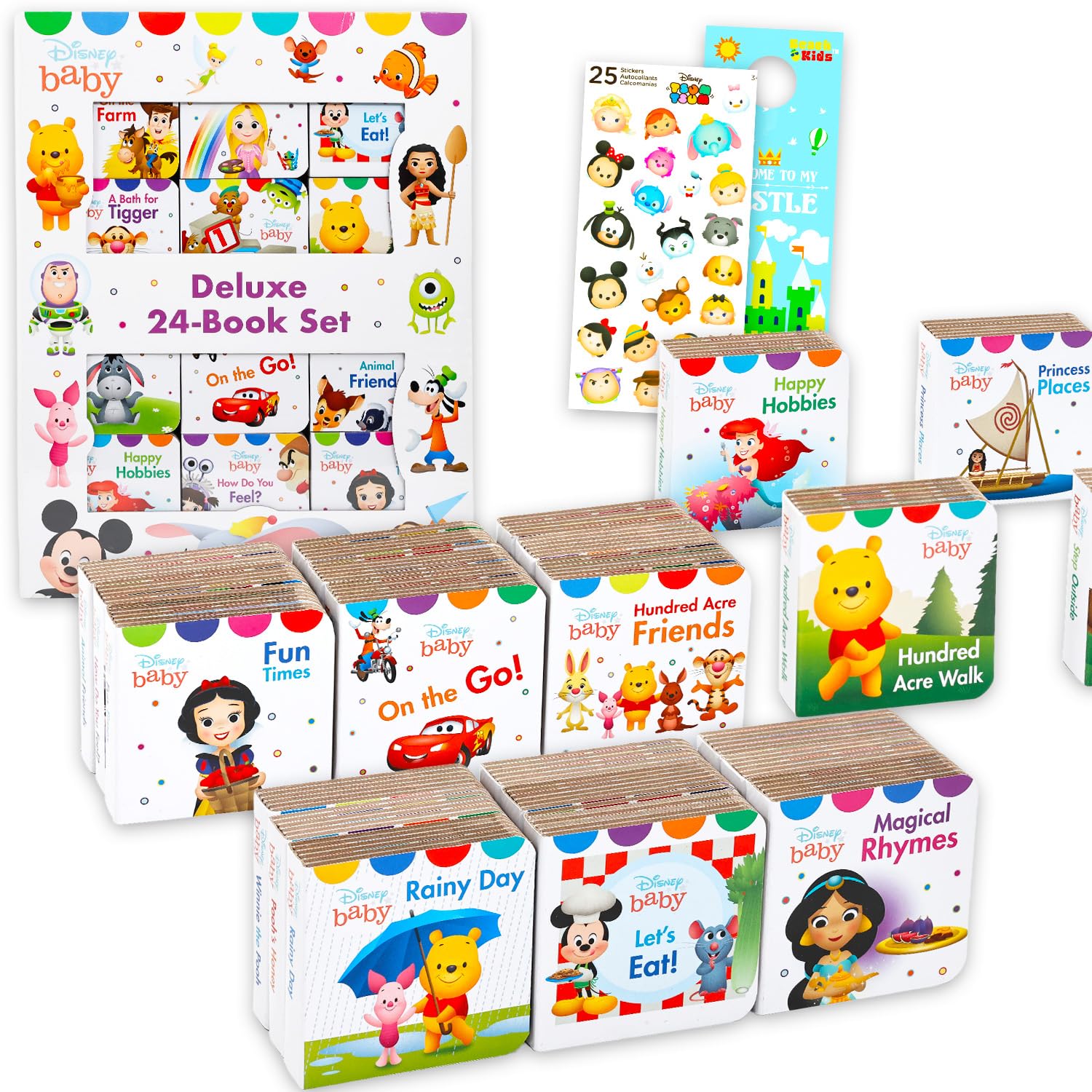 Disney Juego de 24 libros de lujo para bebés – El paquete de aprendizaje temprano para bebés incluye 24 libros Disney Baby Board, calcomanías, más | Libros de lectura de aprendizaje temprano