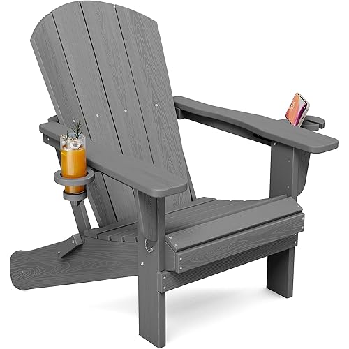 SERWALL Folding Adirondack Chair, Dual Cup Holders & All-Weather HDPE, Wood-Like Patio Chair for Backyard, Camping，Pool & Fire Pit- Grey