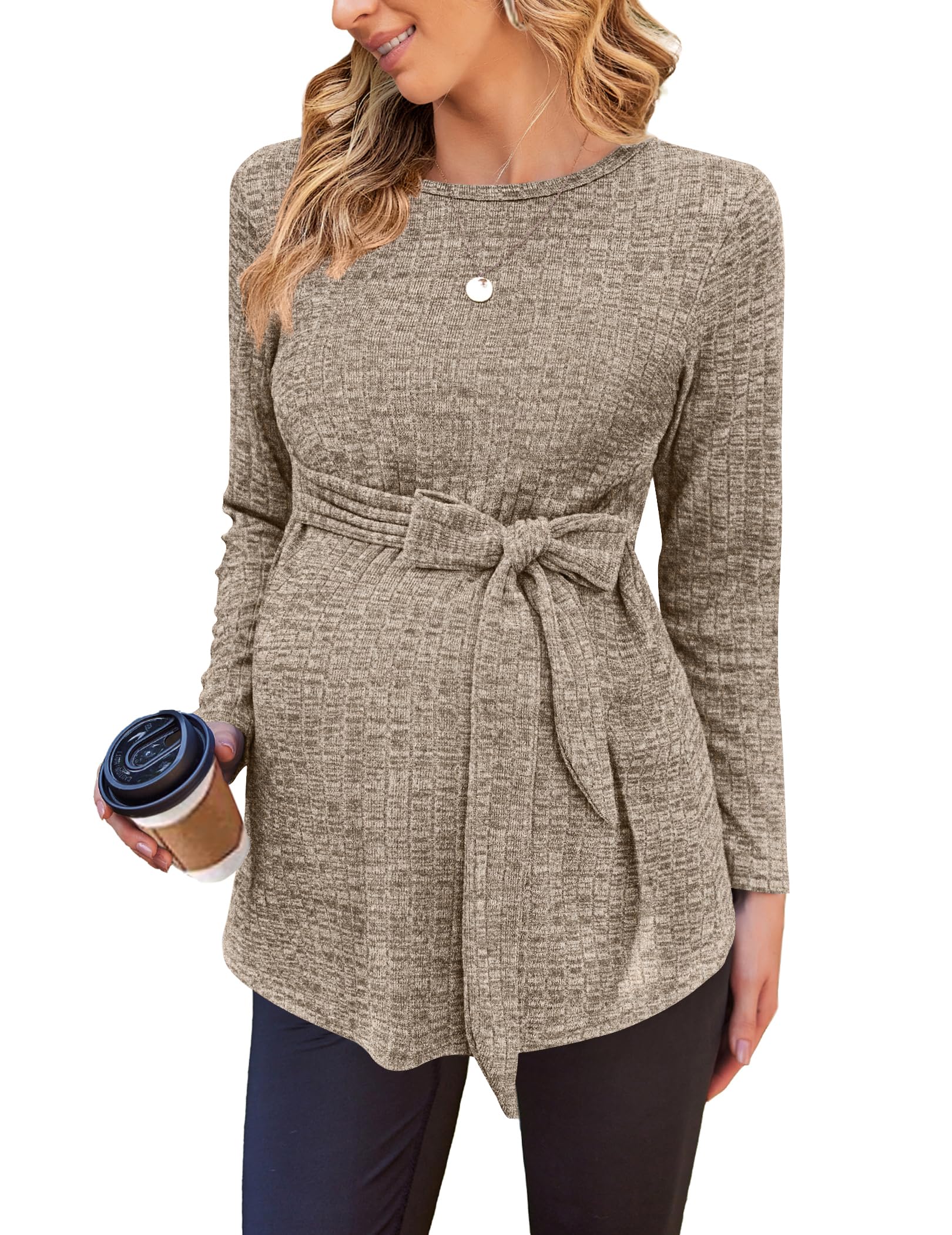 Ekouaer Maternity Shirts Ribbed Long Sleeve Pregnancy Sweater Tops Outfits