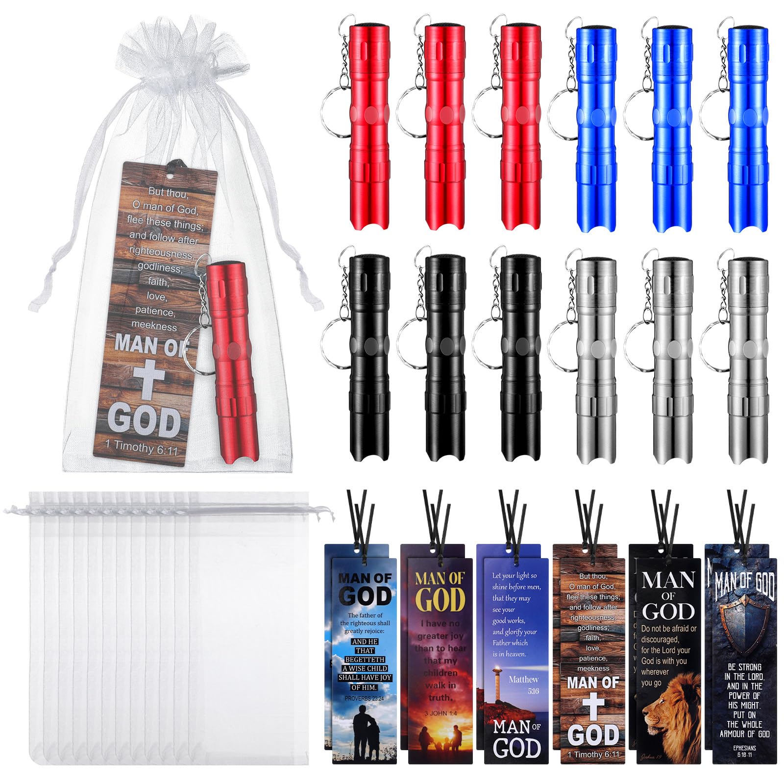 Tujoe 36pcs/12 Set Man of God Gifts Mini LED Flashlight Keychain Man of God Religious Bible Bookmark Set Christian Party Favors Father's Day Gifts for Men Adult Dad