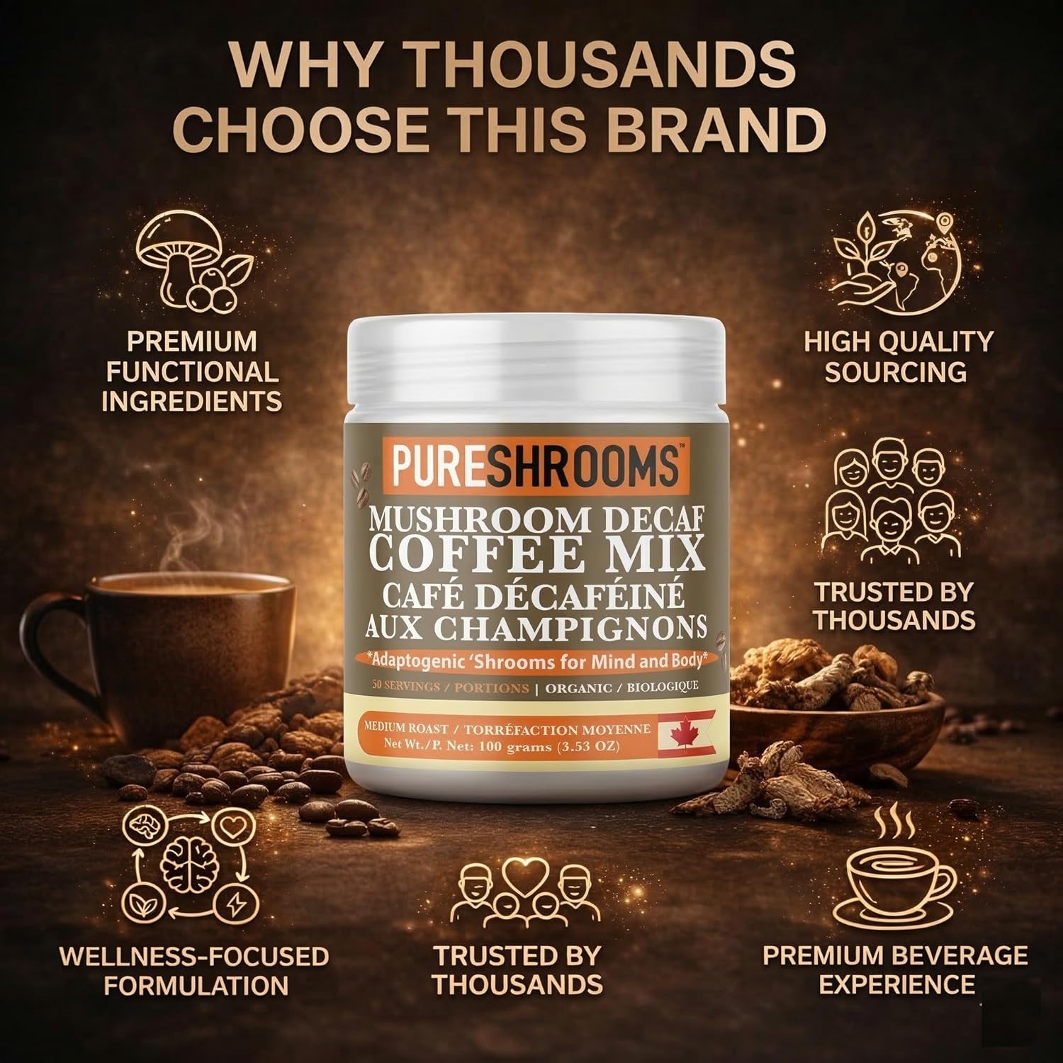PureShrooms Organic Decaf Instant Mushroom Coffee | 10‑Mushroom Superblend with Arabica, Lion’s Mane, Reishi, Cordyceps, Chaga & More – 50 Servings, Vegan & Gluten‑Free - 100g (3.53oz)