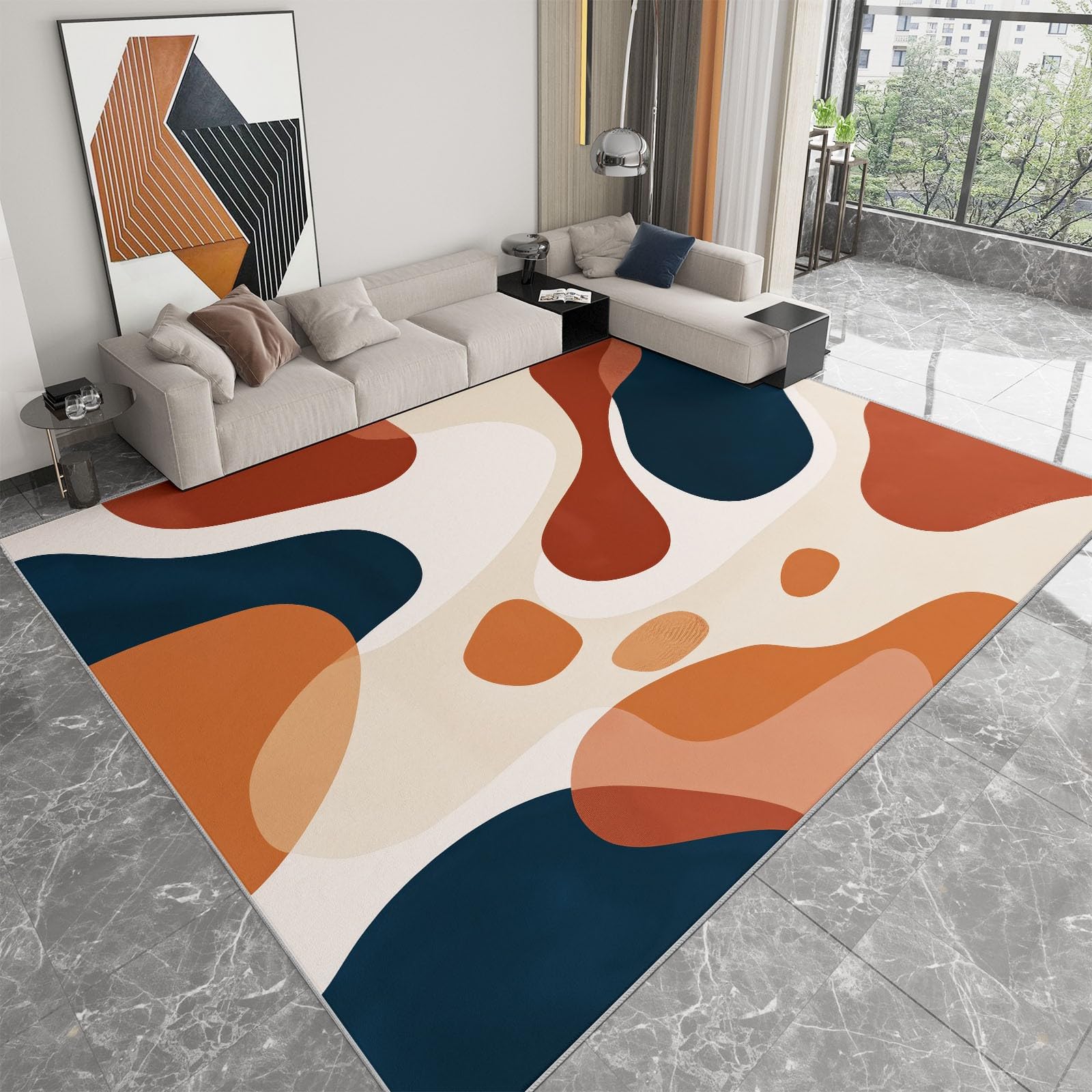 Tapis salon lavable 180x240cm à poils courts et motifs abstraits