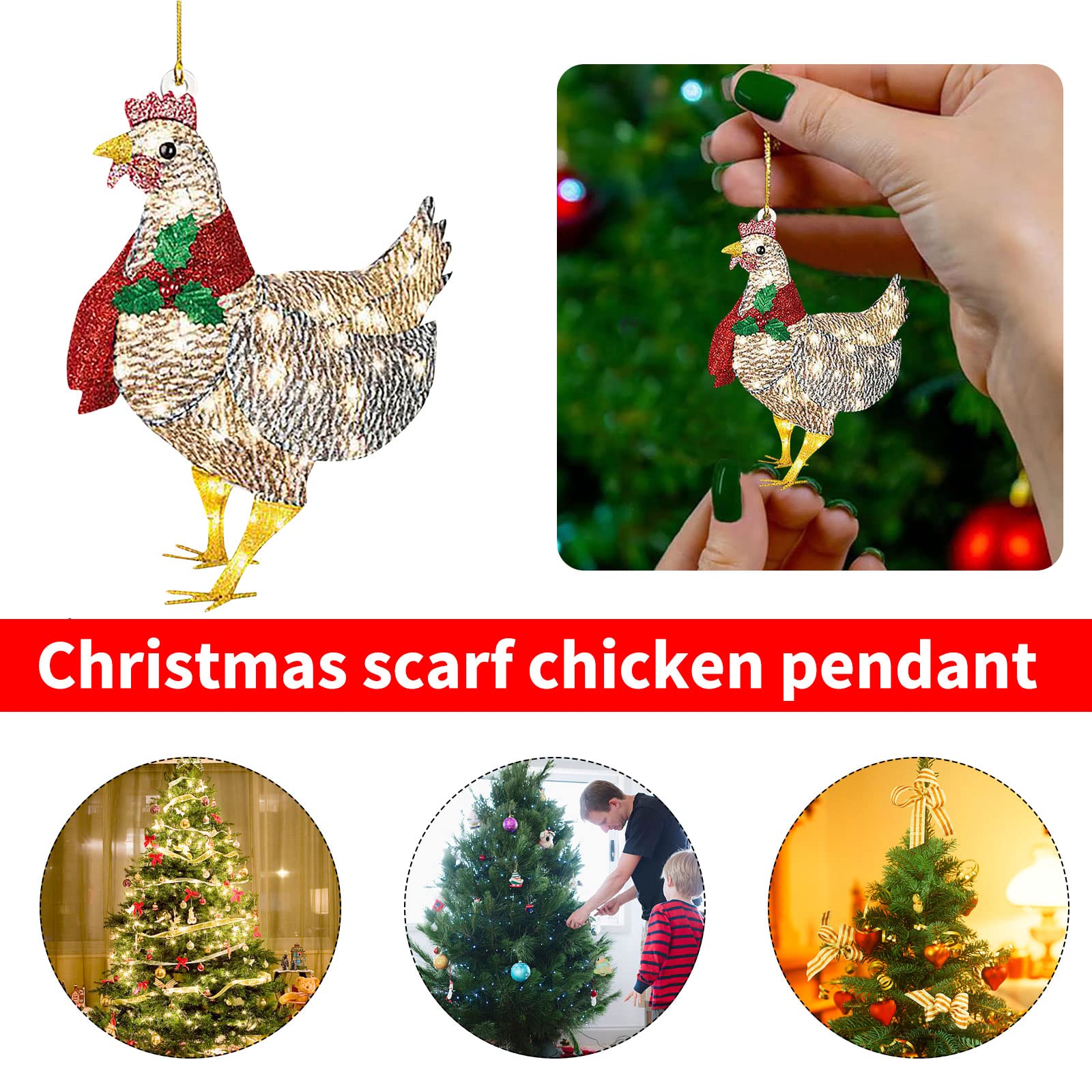Décorations De Noël Poules Avec écharpe - Lot De 5 En Bois - 8x8 Cm - Pour Sapin, Jardin, Intérieur, Cadeau