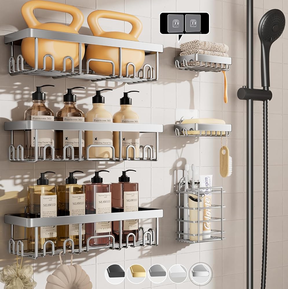 Veken Shower Caddy 6-Pack, Family Choice Award Winner, Large Wall Mounted Shower Rack, Bathroom Shelves Over Toilet, Organizer Storage Accessories with Soap Dish&Toothbrush Holder