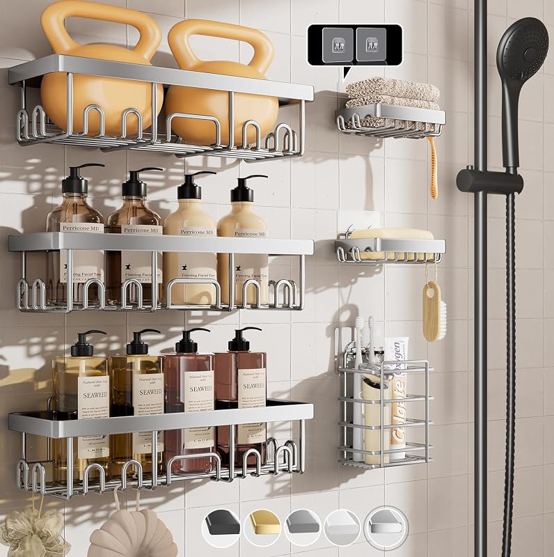 Veken Organizador de ducha, paquete de 6, ganador del premio Family Choice, estante de ducha grande montado en la pared, estantes de baño sobre inodoro, organizador de accesorios de almacenamiento con jabonera y soporte para cepillo de dientes