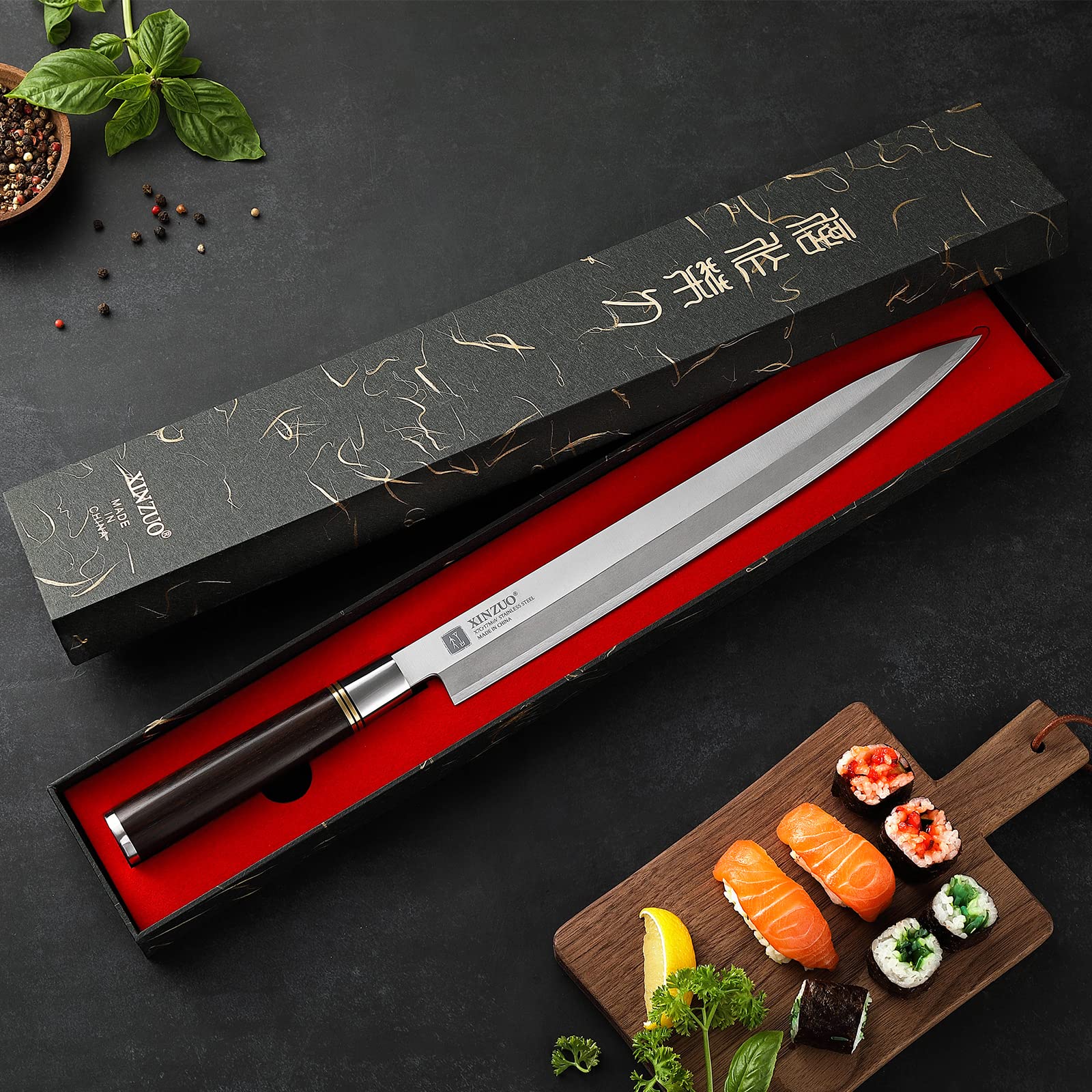XINZUO 30cm Couteau Sashimi Acier Inoxydable X7Cr17MoV, Couteau à Sushi Yanagiba de l'Artisanat Traditionnel Japonais, Lame Biseautée Unique -Ébène Manche en Bois -Fourreau en Bois de Bouleau