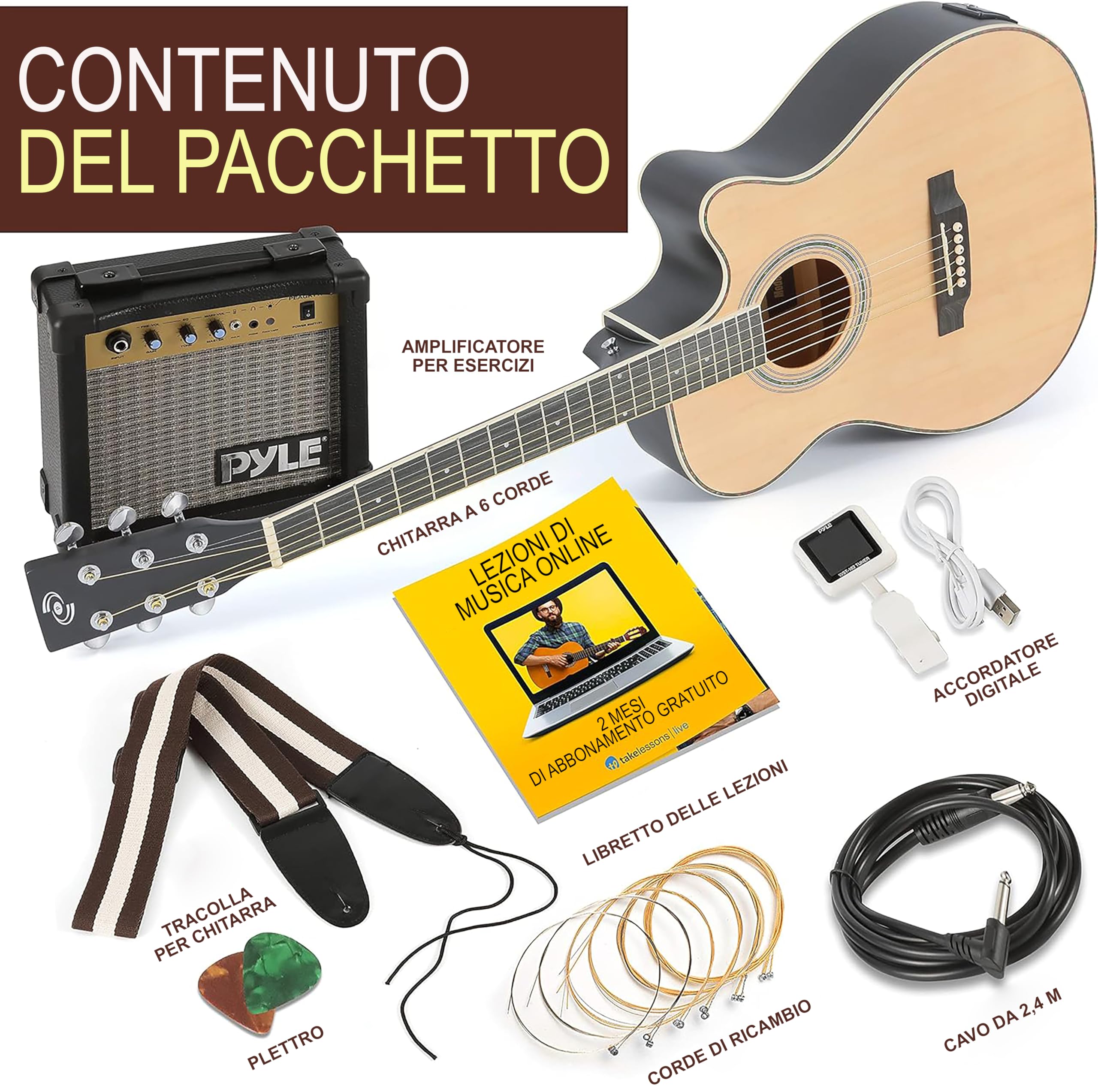 Pyle Kit Chitarra Elettrica Acustica 4/4 con Amplificatore Spalla, Legno Abete Rosso 1,04 m