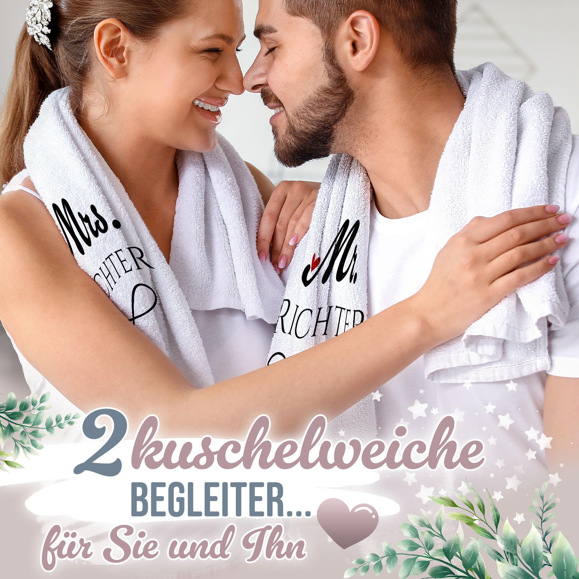 Print Royal PR Handtuch Personalisieren - 2er-Set - Mr. and Mrs. in weiß - mit Name selbst gestalten - Handtuch Bedrucken, Hochzeitsgeschenke, Geschenk zur Hochzeit | Fotogeschenk - 100 x 50