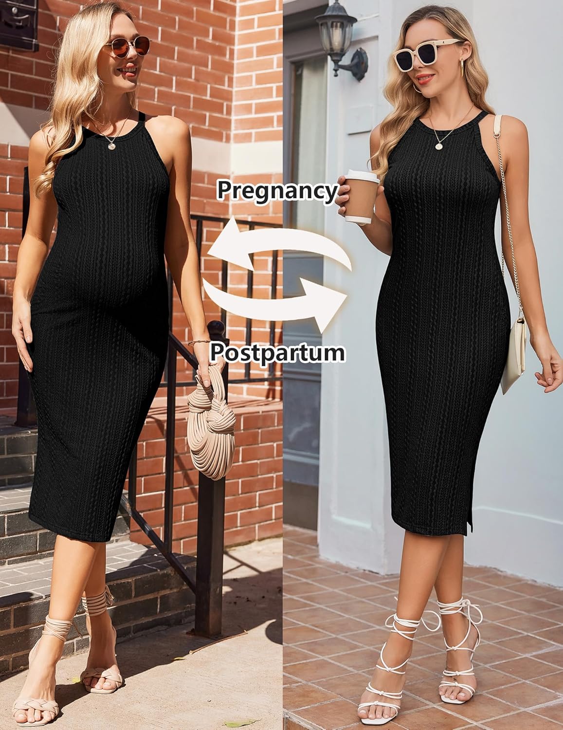 Ekouaer Maternity Dress Rib Knit Side Slit Stretchy Bodycon Pregnancy Dresses Halter Neck Sleeveless Pregnant Clothes - Image 4