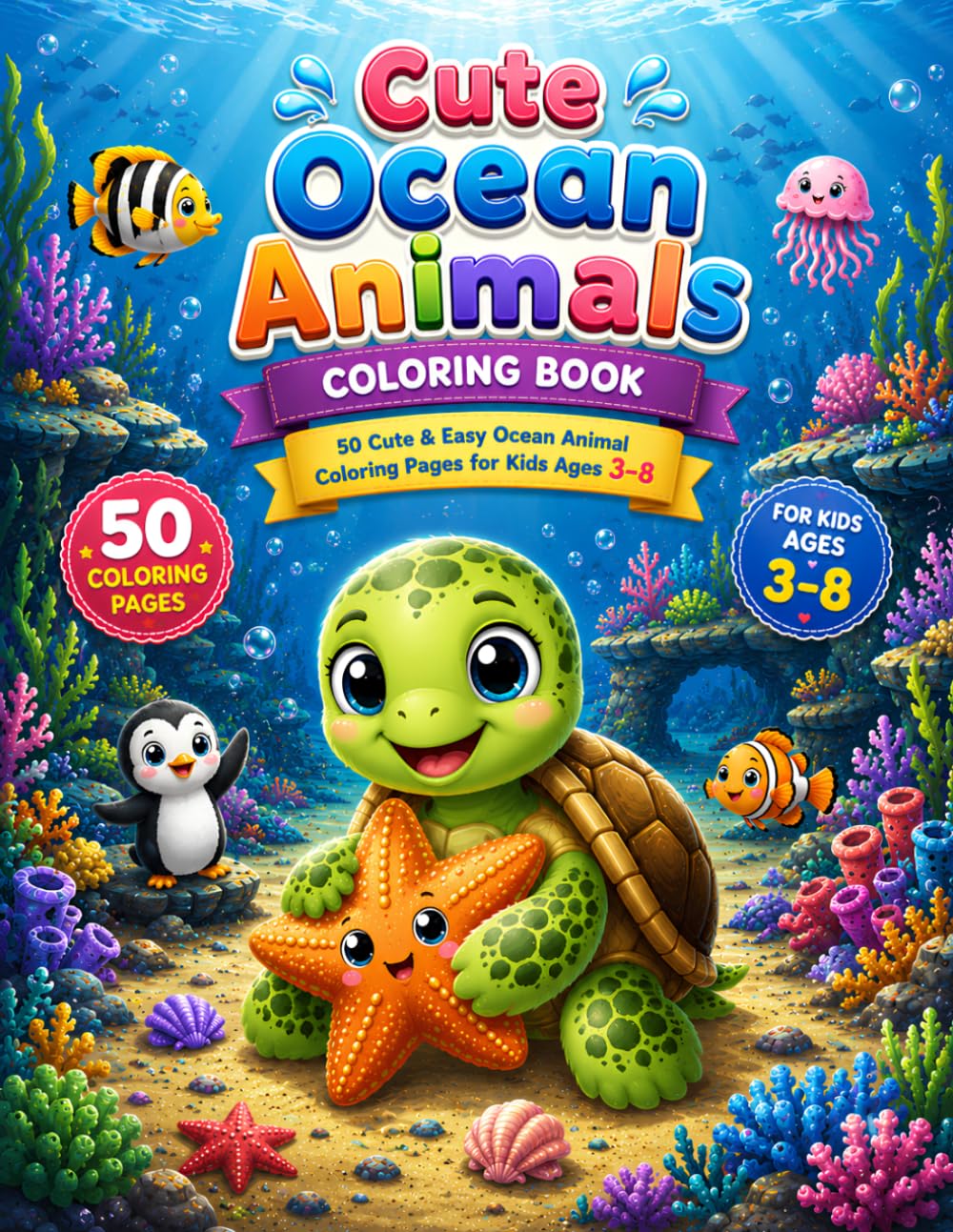 Cute Ocean Animals Coloring Book: 50 Cute & Easy Ocean Animal Coloring Pages for Kids Ages 3–8 | Fun Underwater Adventures