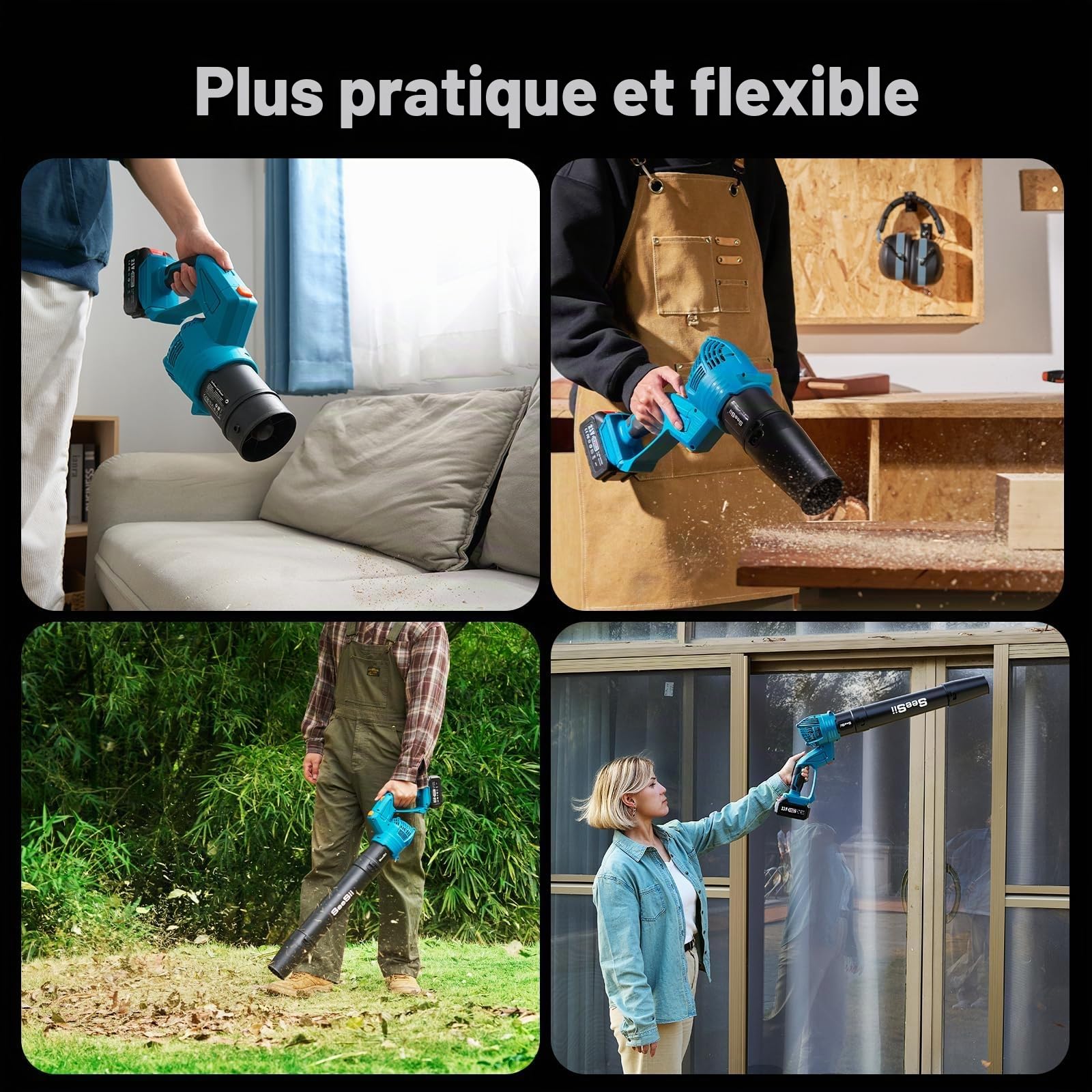 SEESII Souffleur à feuilles sans fil avec 2 batteries de 4,0 Ah et chargeur, 5 niveaux de rotation, souffleur électrique d'extérieur pour jardinage, nettoyage des feuilles, léger pour cour, terrasse
