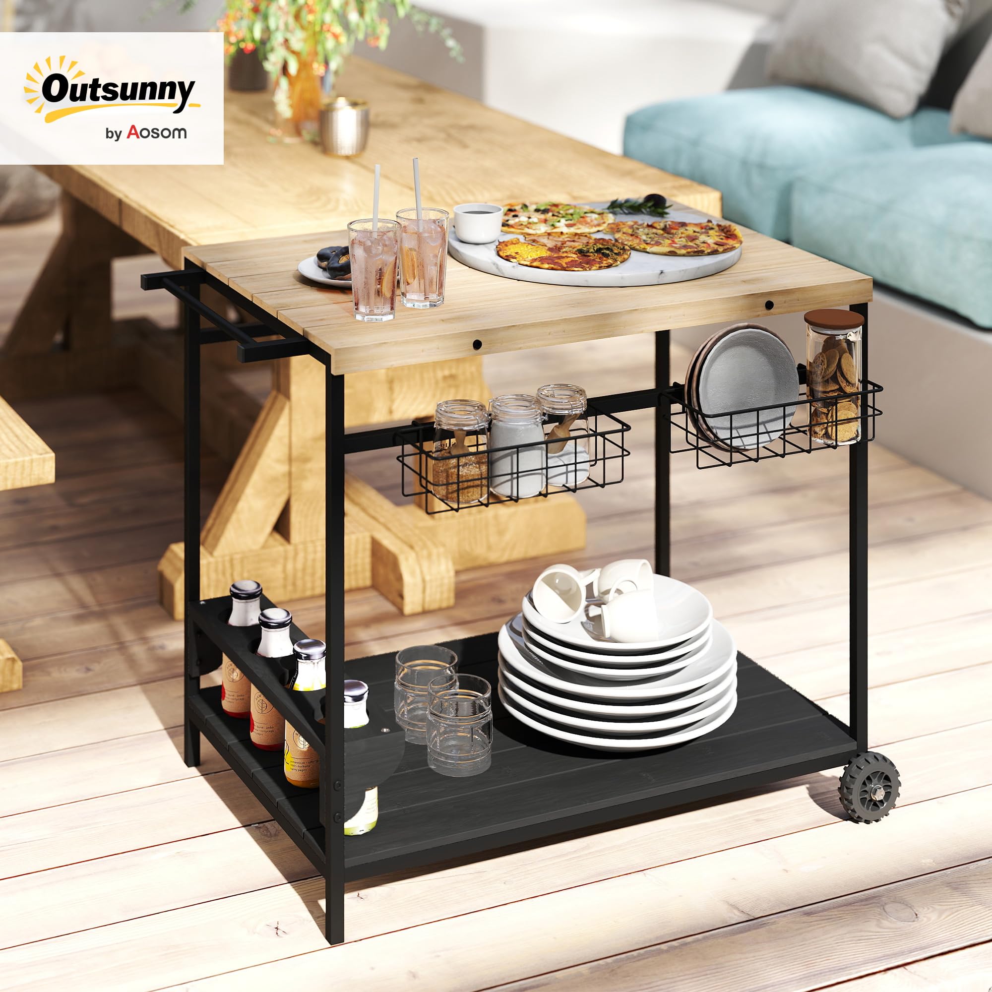 Outsunny Camarera con Ruedas de Madera Carro de Servicio con 2 Estantes 2 Cestas Metálicas y Soportes para Botellas para Jardín Terraza Patio 97,5x65x81 cm Natural y Negro