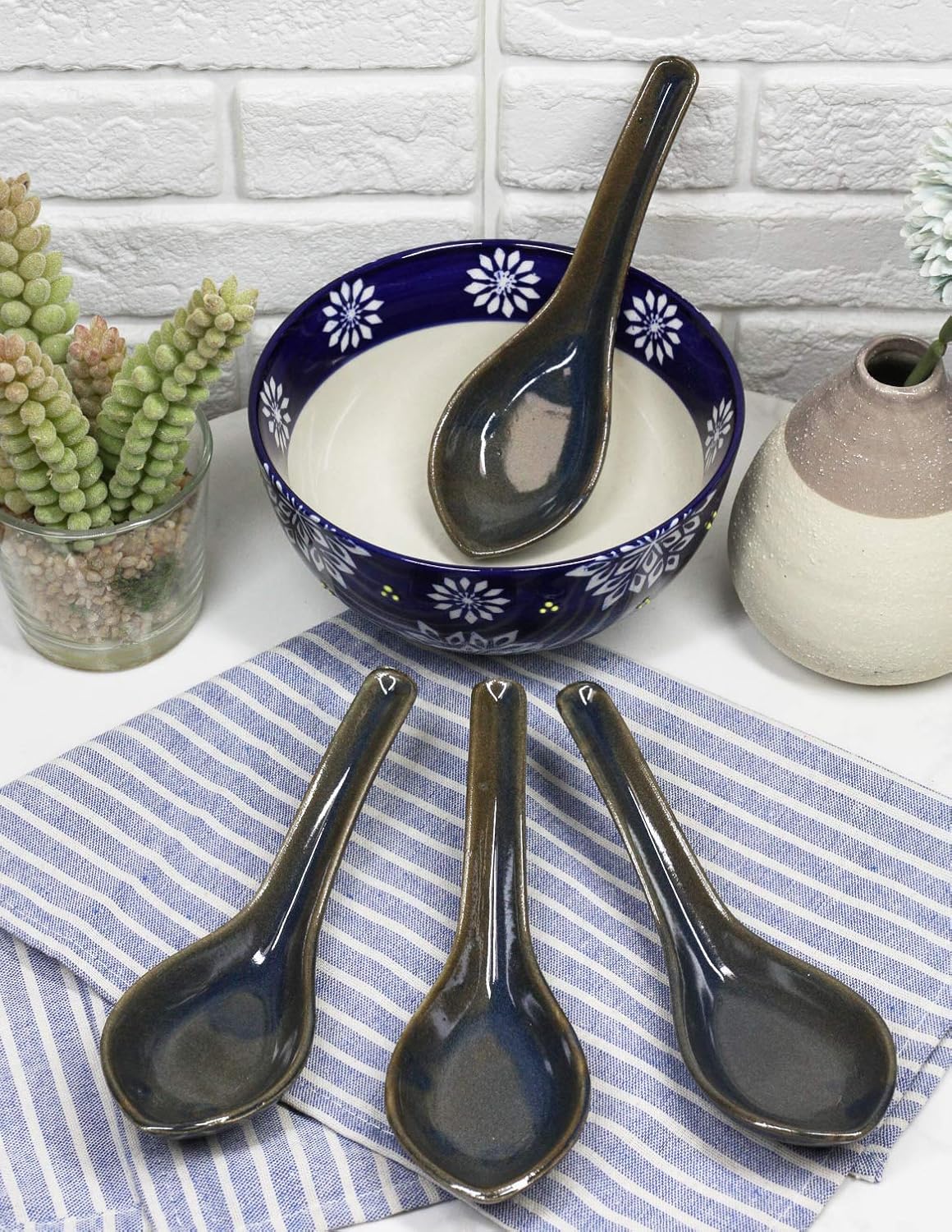 Ebros Made In Japan Hand Painted Colorful Glossy Porcelain Ceramic Soup Spoons Pack Of 6 Set Kitchen Dining Dessert Soups Restaurant Supply Dishwasher Safe (Mocha Brown)