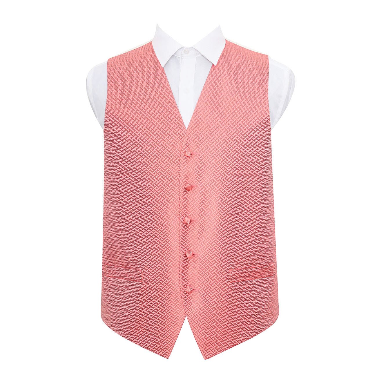 DQT Mens Greek Key Patterned Jacquard Waistcoat – Wedding Business & Formal Suit Vest - Coral 50" (5XL)