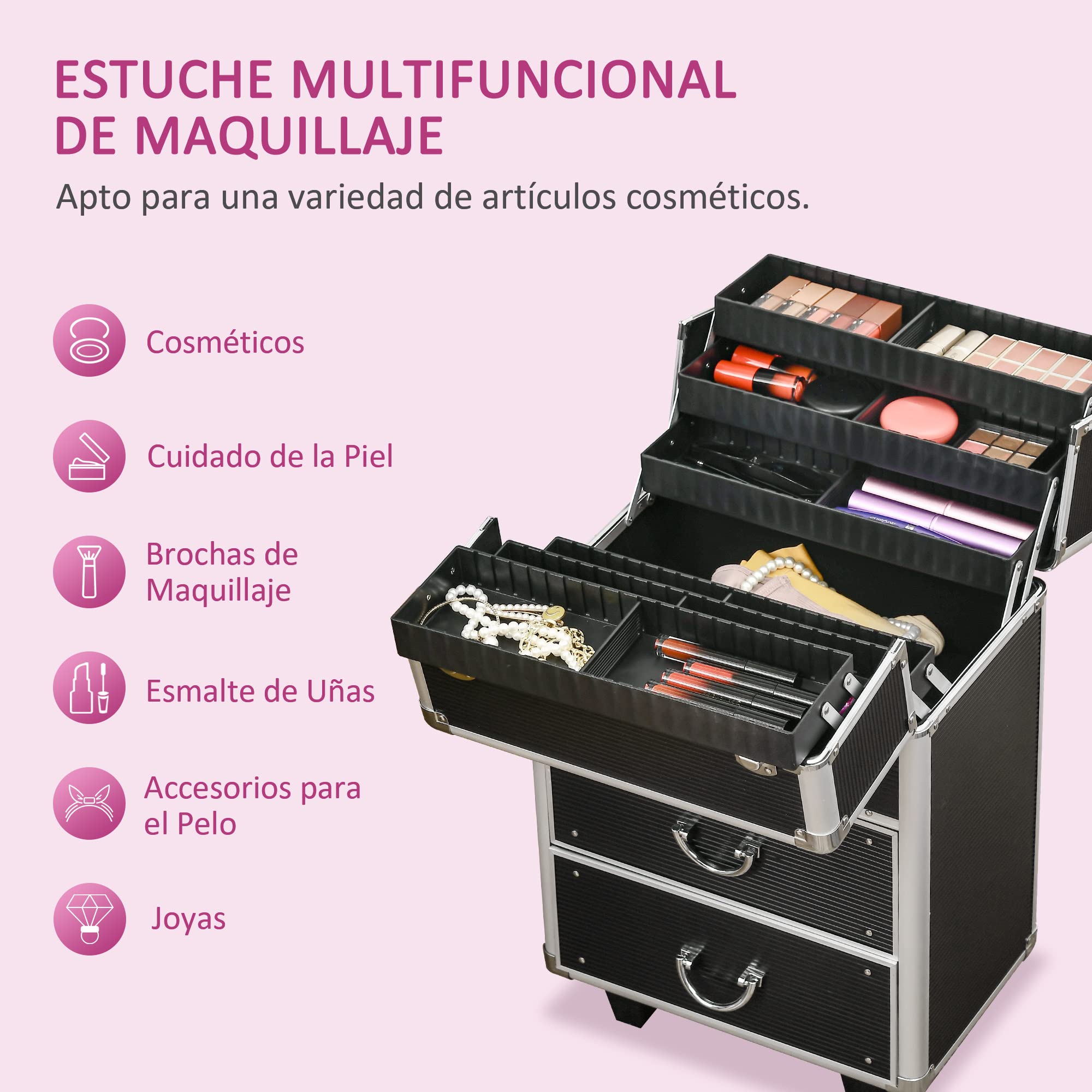 HOMCOM Maletín de Maquillaje Profesional Estuche para Cosméticos con Ruedas Maleta de Maquillaje con 6 Cajones Extensibles Cerradura 2 Llaves y Asa Retráctil 36x23x58 cm Negro