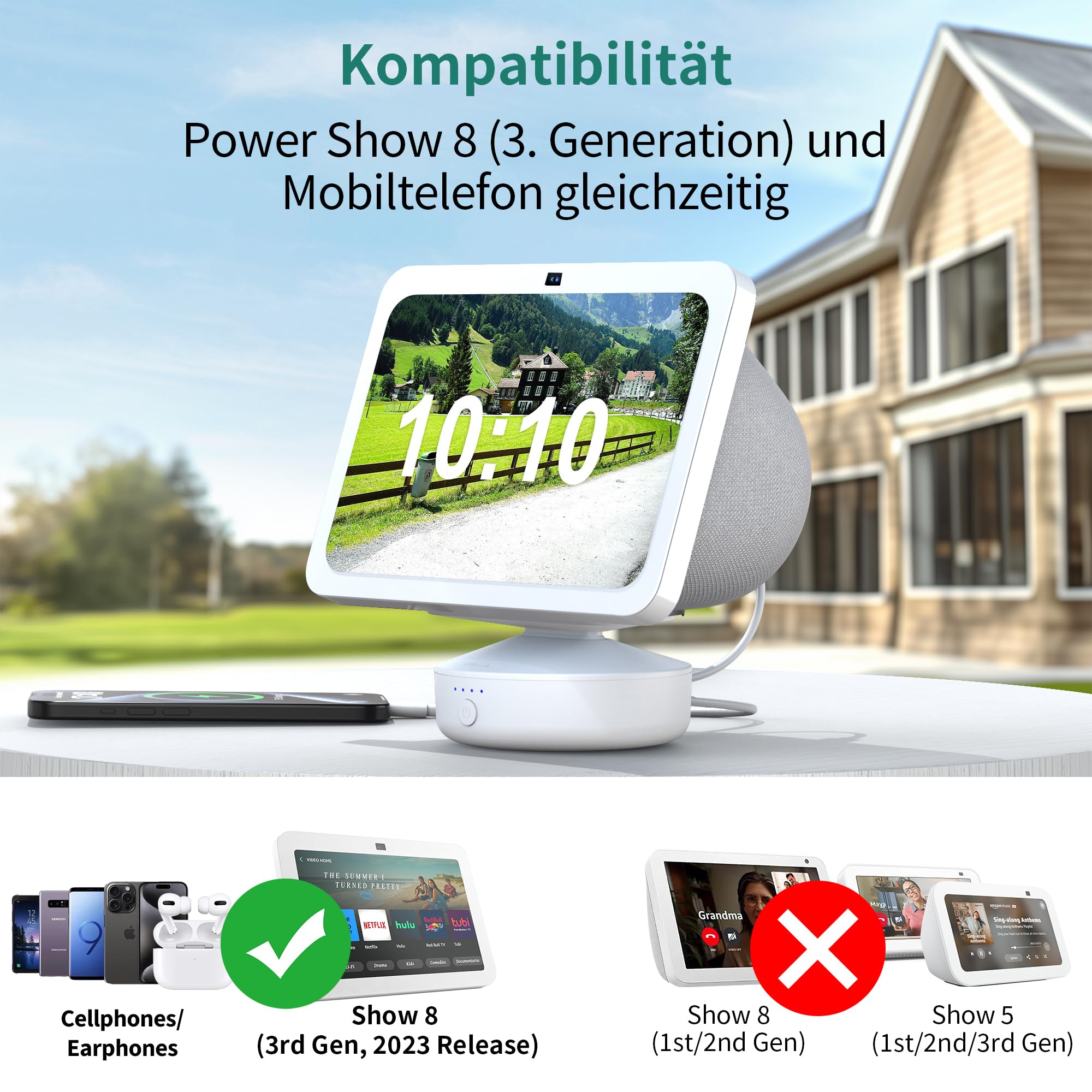PlusAcc Akku für Sh○w 8 (3. Generation) - 10000 mAh tragbarer Batterie, einstellbare Akkustation mit USB-C Ausgangsanschluss kompatibel mit iPhone, LG Smartphone & Sh○w 8 3. Gen(Weiß)