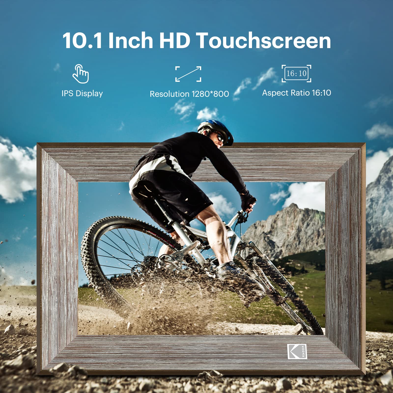 Digitaler Bilderrahmen 10.1 Zoll, Kodak WLAN Digitale Bilderrahmen 1013W, Hölzern Elektronischer Bilderrahmen mit 32 GB Speicher, HD IPS Touchscreen, Teilen Sie Fotos über App, Automatischer Drehung