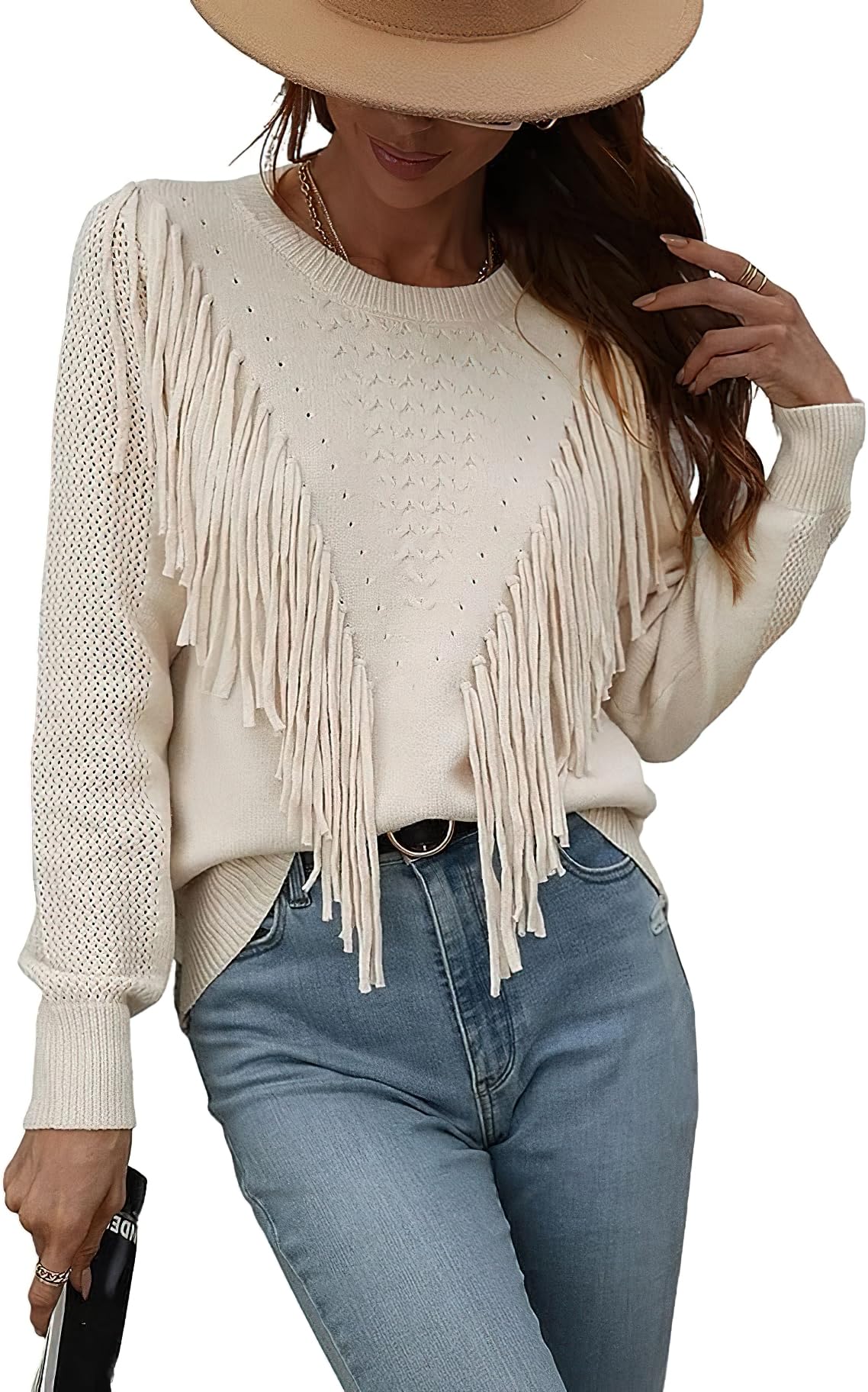 Womens Casual Crewneck Fringe Tassels Crochet Long Sleeve Knitted Fall Sweater Pullover Tops
