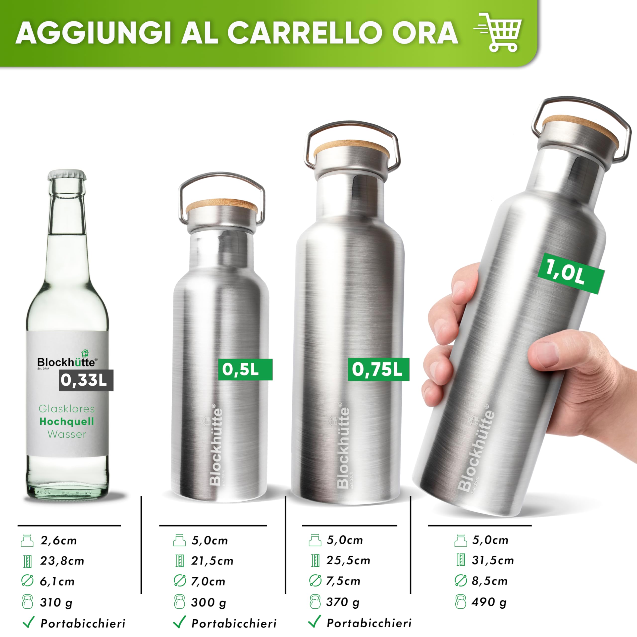 Blockhütte Borraccia Termica Acciaio Inox, Thermos per Bevande Calde fino a 13 ore, Bottiglia Termica a prova di perdite, Borraccia Palestra, Bottiglia Acqua lavabile in lavastoviglie