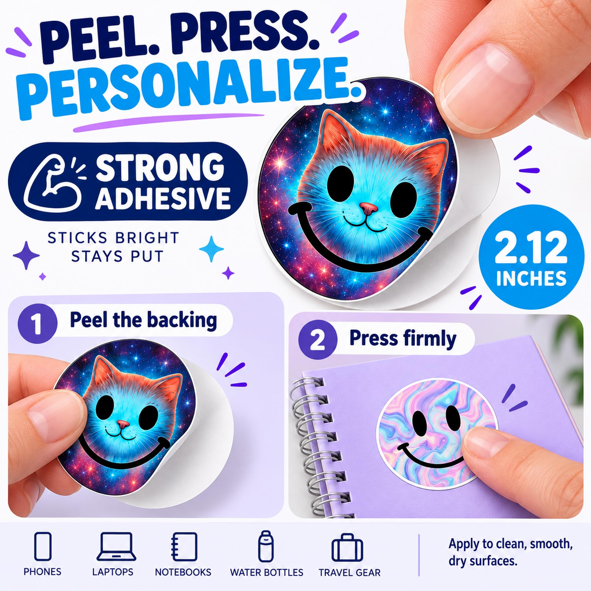 Lot de 50 autocollants en forme de visage souriant pour enfants, 5,3 cm, imperméables et mignons pour ordinateurs portables, récompenses de classe, cadeaux de fête, fournitures pour enseignants