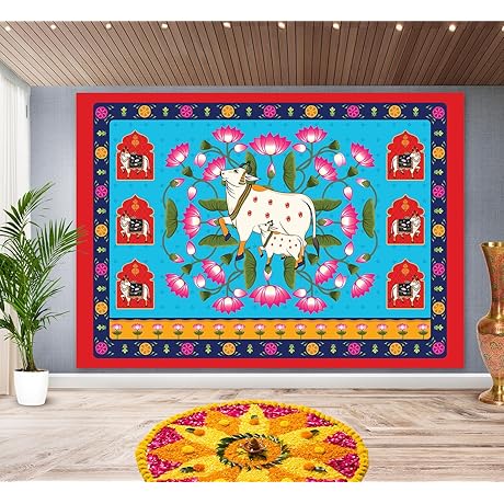 Lotus Pichwai Backdrop Cloth Indian Blue - 7x5 Feet | Stunning Decor for Your Puja