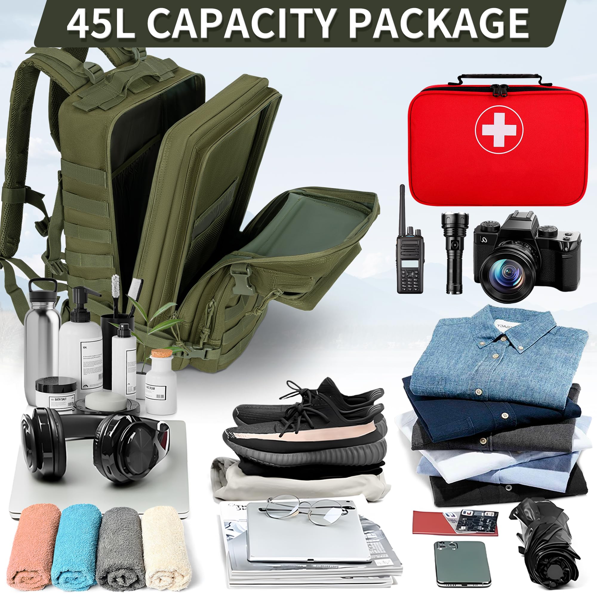 OUUTMEE Sac à dos tactique militaire (25 L/35 L/45 L), sac à dos MOLLE pour homme et femme, sac à dos militaire pour la chasse, le camouflage, sac à dos de 3 jours, sac pour ordinateur portable, sac
